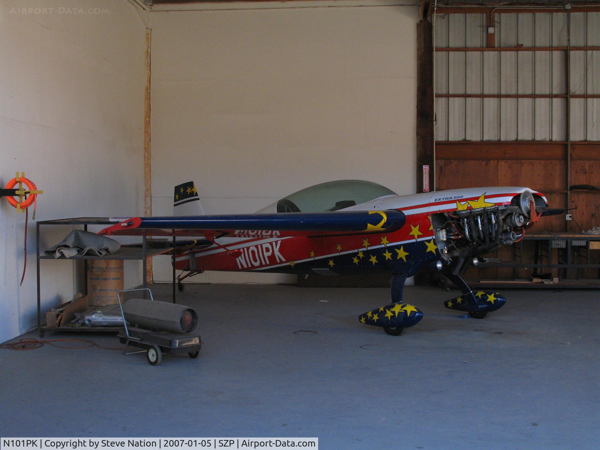 N101PK, 1994 Extra EA-300 C/N 051, Locally-Based 1994 Extra EA-300 in hangar minus prop @ Santa Paula Airport, CA (sold to new owner later in 2007 and destroyed 19 April 2009 while performing aerobatic maneuvers ~ 2 miles off El Capitan State Beach, Santa Barbara, CA. 1 fatality.