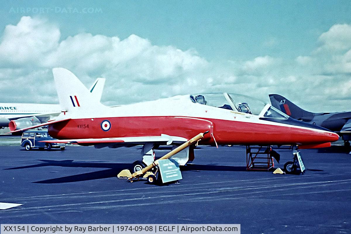 XX154, 1974 Hawker Siddeley Hawk T.1 C/N 001/312001, BAe Hawk T.1 [312001] (Royal Air Force) Farnborough~G 08/09/1974. From a slide.