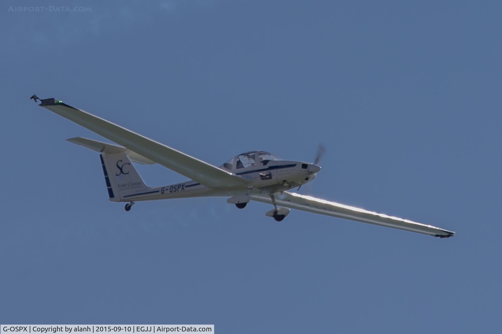 G-OSPX, 1985 Grob G-109B C/N 6414, Displaying over St Aubins Bay as part of the Aerosparx pair with G-OFIX, at Jersey International Air Display 2015. Not an image I'm happy to show, except on the basis that an image is better than none.