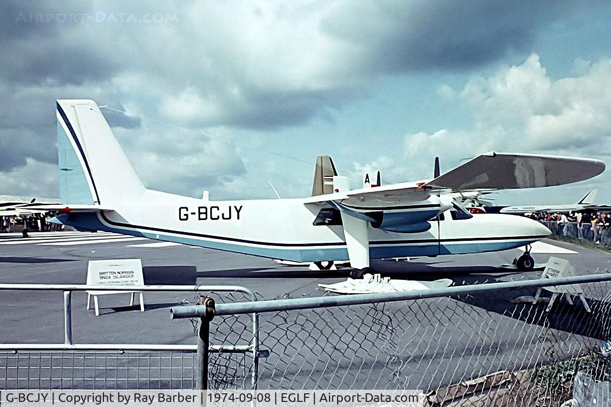 G-BCJY, 1974 Britten-Norman BN-2A-21 Islander C/N 392, Britten-Norman BN-2A-23 Islander [0392] (Britten-Norman) Farnborough~G 08/09/1974. From a slide.