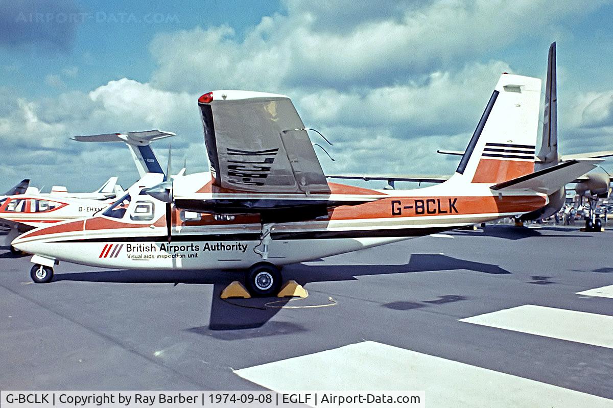 G-BCLK, 1974 Rockwell 500S Shrike Commander C/N 3180, Aero Commander 500S Shrike Commander [3180] (British Airports Authority) Farnborough~G 08/09/1974. From a slide.