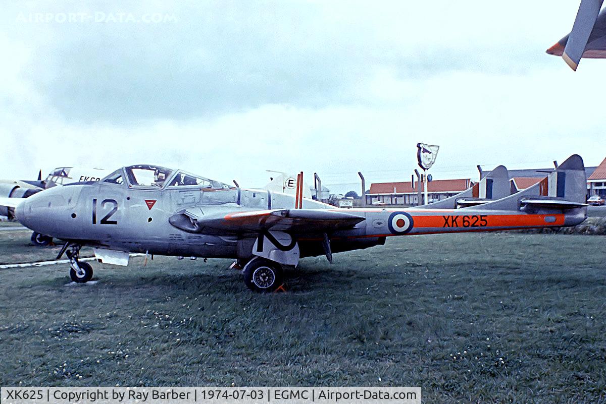 XK625, De Havilland DH-115 Vampire T.11 C/N 15782, De Havilland DH.115 Vampire T.1 [15782] (Royal Air Force) Southend~G 03/07/1974. From a slide.