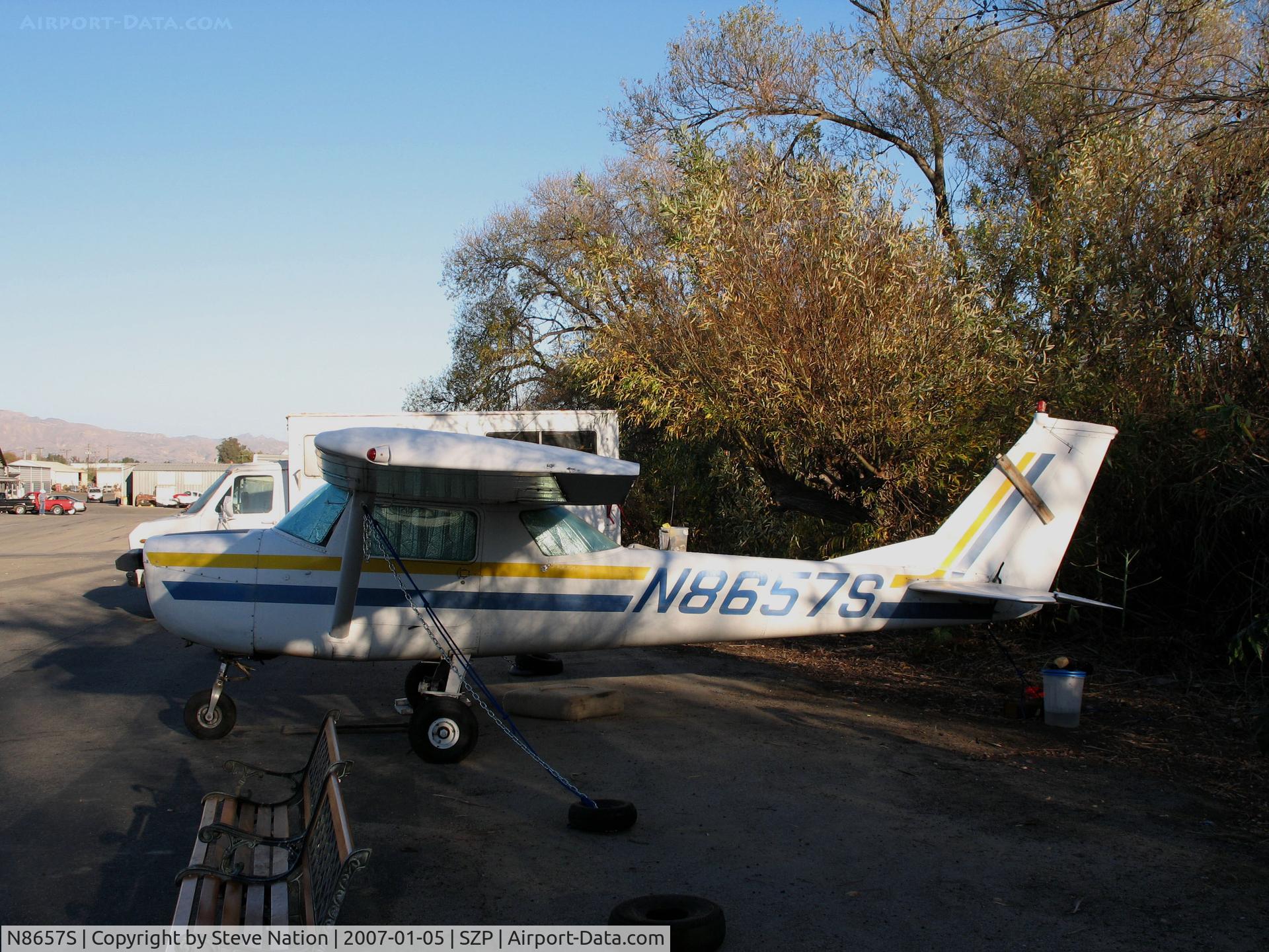 N8657S, 1965 Cessna 150F C/N 15061957, Sun dappled 1965 Cessna 150F in low light situation @ Santa Paula Airport, CA