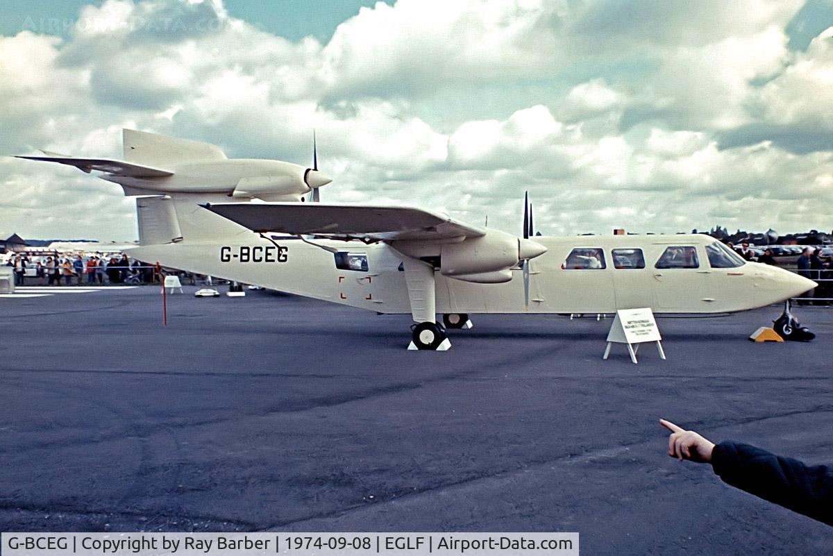 G-BCEG, 1974 Britten-Norman BN-2A Mk.III-1 Trislander C/N 372, Britten-Norman BN-2A Mk.III-1 Trislander [0372] (Britten-Norman) Farnborough~G 08/09/1974. From a slide.