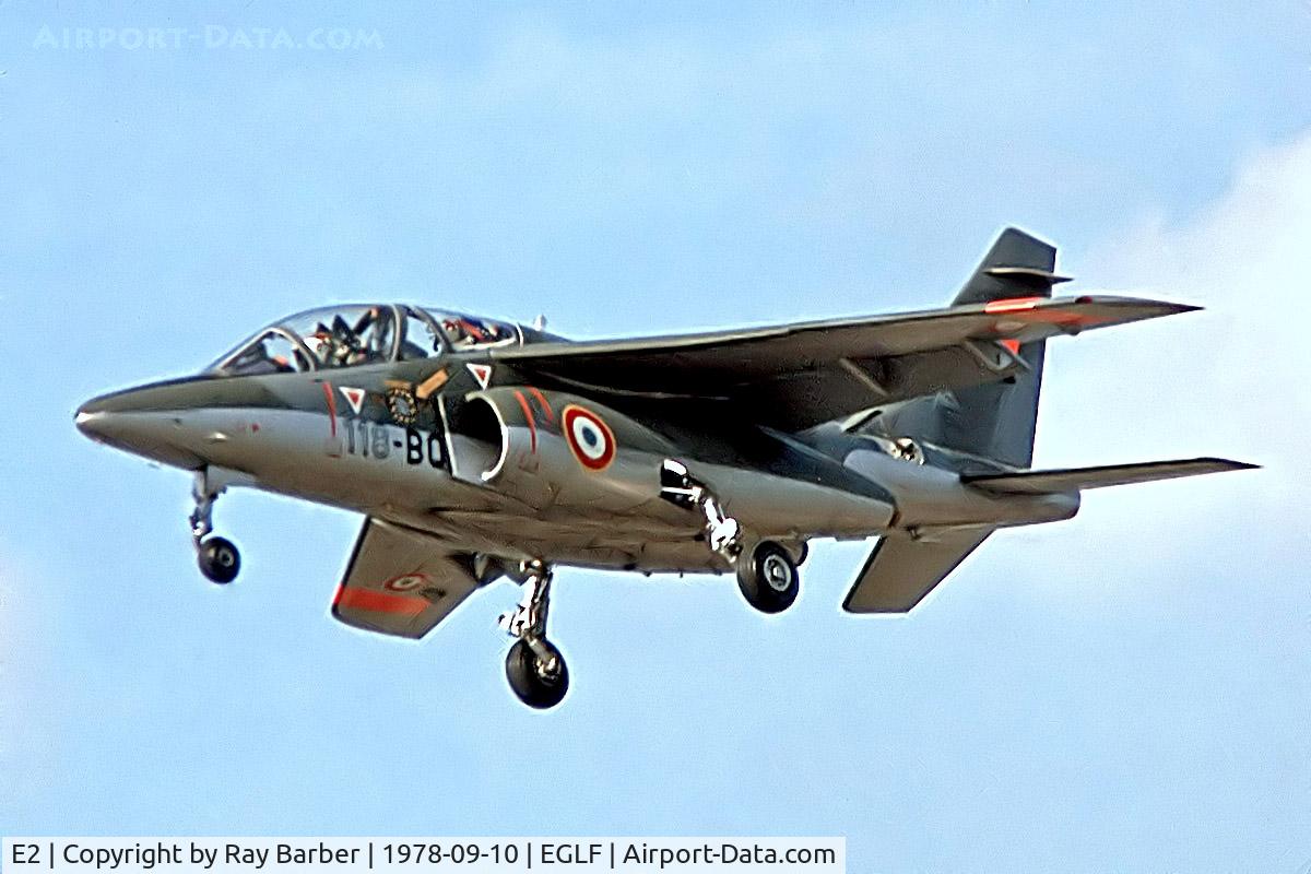 E2, Dassault-Dornier Alpha Jet E C/N E2, Dassault-Dornier Alpha Jet E [E2] (French Air Force) Farnborough~G 10/09/1978. From a slide. Written off 5 days later.