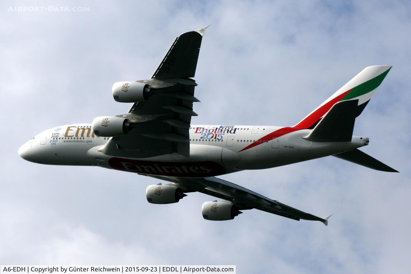 A6-EDH, 2009 Airbus A380-861 C/N 025, Departing from Duesseldorf