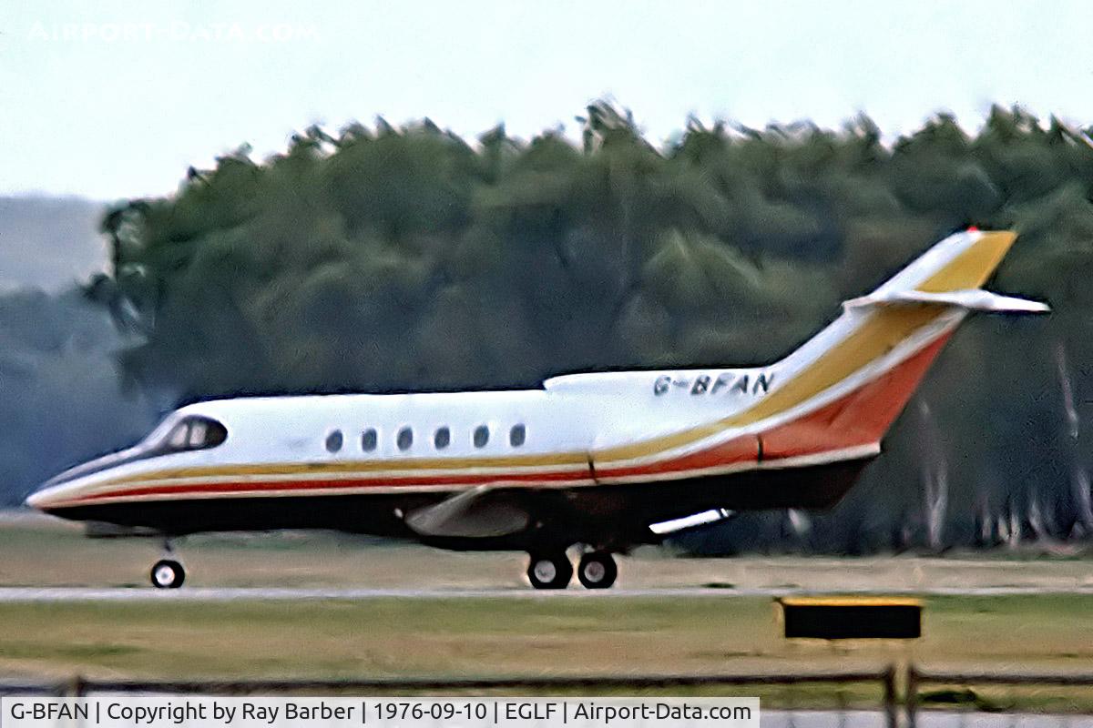G-BFAN, 1971 Hawker Siddeley HS.125 Series F600B C/N 25258, Hawker Siddeley 125/F600B [25258] Farnborough~G 10/09/1976. From a slide.