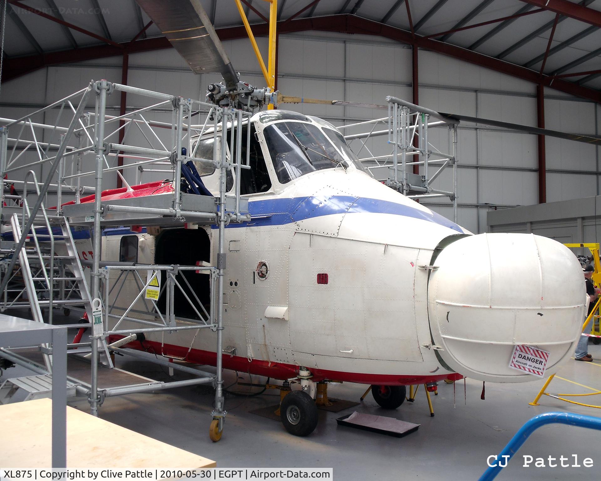XL875, 1958 Westland Whirlwind HAS.7 C/N WA225, On display in the Airwork Service Training hangar as an instructional airframe during the Heart of Scotland Airshow held at Perth (Scone) airfield EGPT