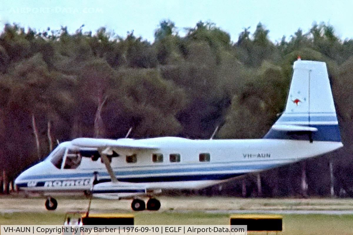VH-AUN, 1976 GAF N22B Nomad C/N N22B-026, GAF Nomad N22B [26] (Government Aircraft Factories) Farnborough~G 10/09/1976. From a slide.