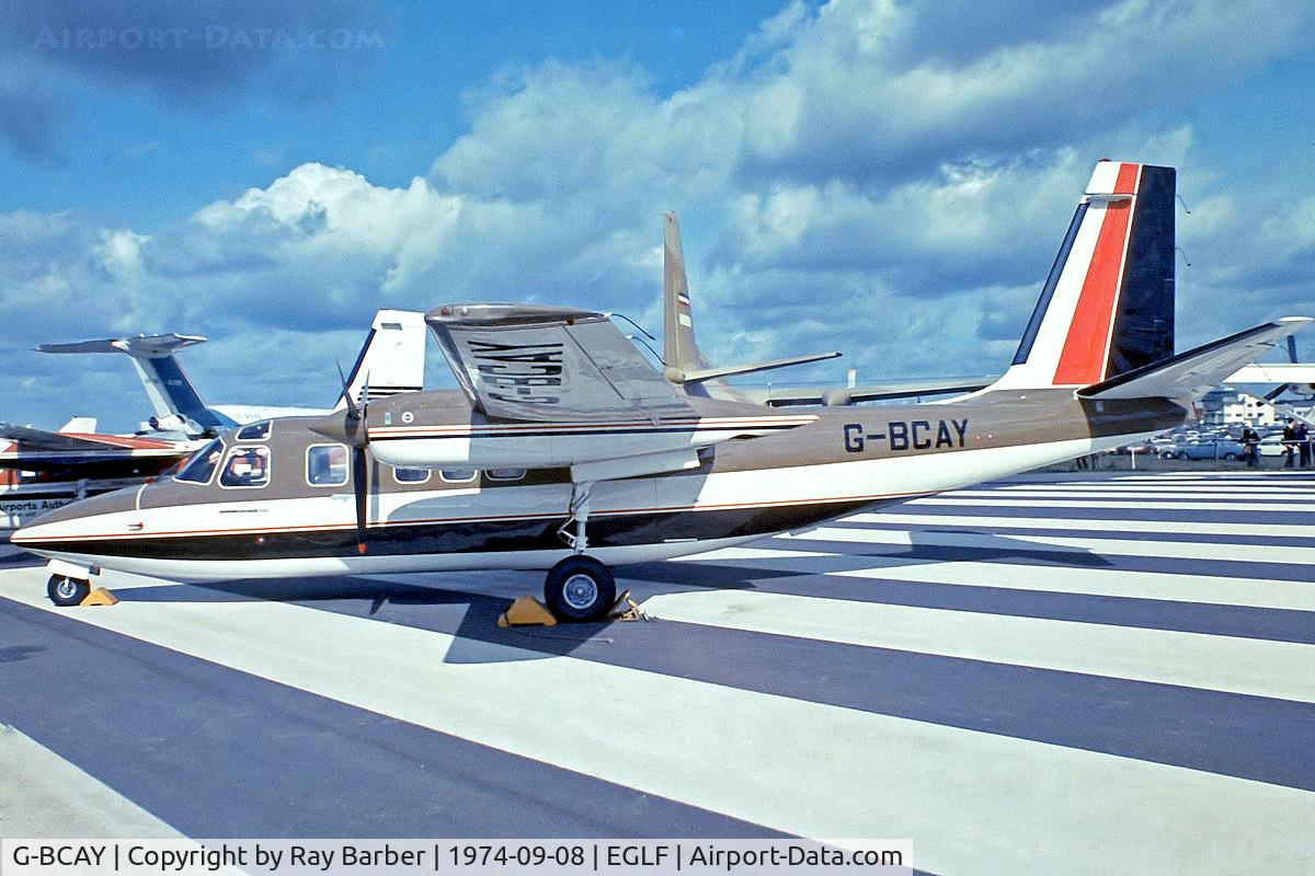 G-BCAY, 1973 Rockwell Commander 685 C/N 12053, Rockwell Commander 685 [12053] Farnborough~G 08/09/1974. From a slide.