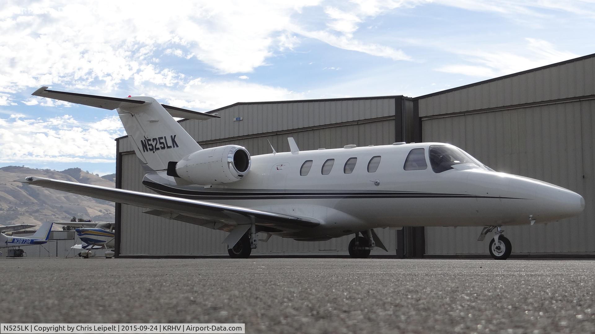 N525LK, 1997 Cessna 525 CitationJet CJ1 C/N 525-0200, Locally-based 1997 Cessna Citation Jet 1 sitting in front of its hangar, preparing for taxi out and departure at Reid Hillview Airport, San Jose, CA.