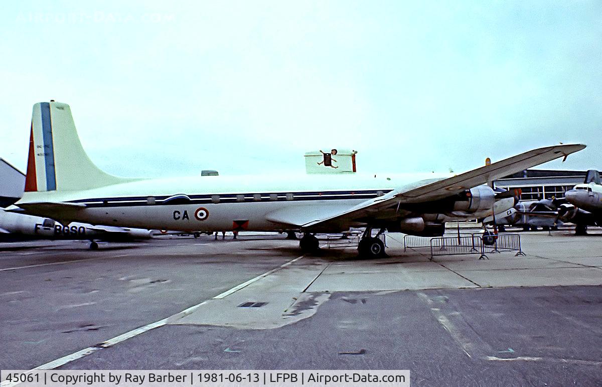 45061, 1956 Douglas DC-7C Seven Seas Seven Seas C/N 45061, Douglas DC-7C [45061] (French Air Force) Paris Le-Bourget~F 13/06/1981. From a slide.