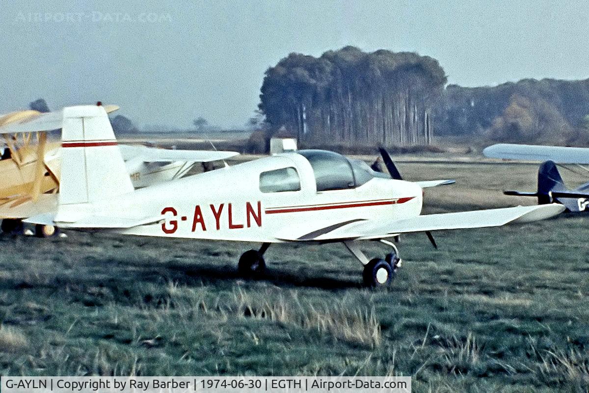 G-AYLN, 1970 American Aviation AA-1 Yankee C/N AA1-0443, American Aviation AA-1 Yankee [AA1-0443] Old Warden~G 30/06/1974. From a slide.