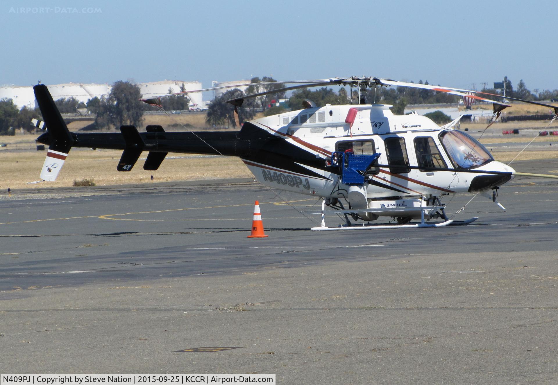 N409PJ, 1998 Bell 407 C/N 53301, P & J Helicopters (Red Bluff, CA) 1998 Bell Textron Canada 407 with belly pack, side basket and probe @ Buchanan Field, Concord, CA