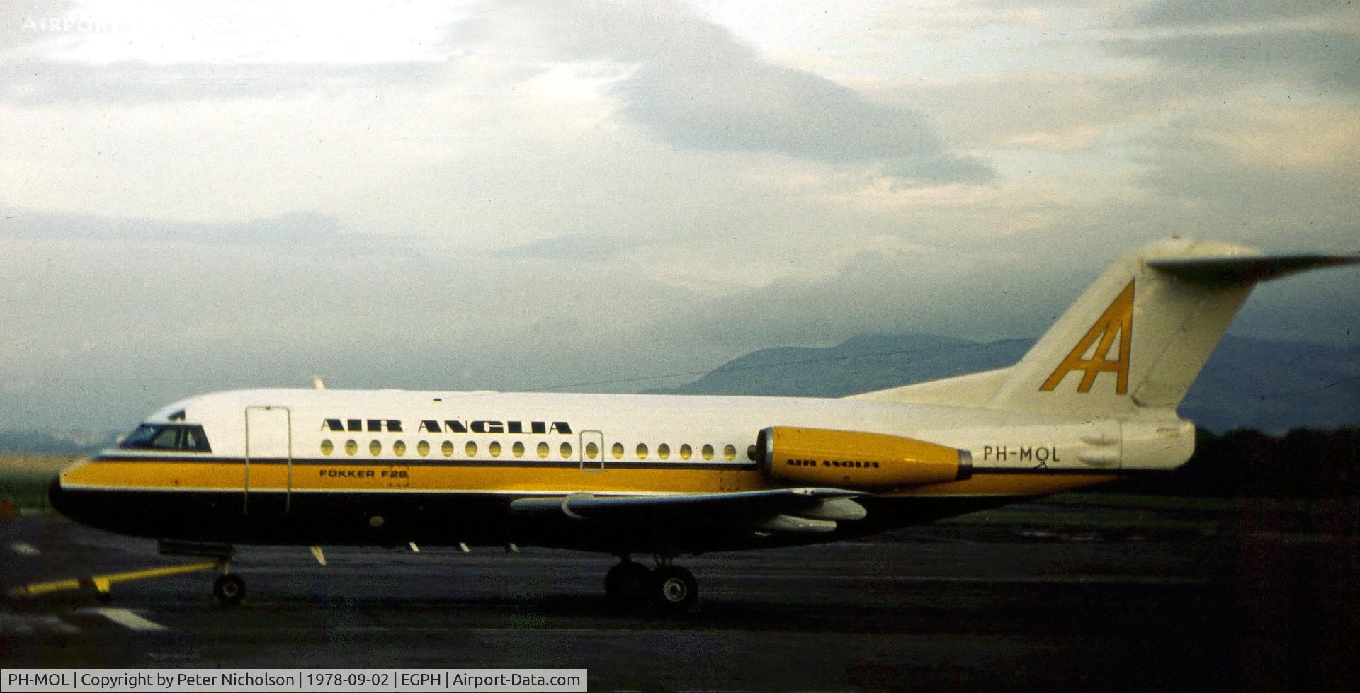 PH-MOL, 1969 Fokker F.28-1000 Fellowship C/N 11003, Air Anglia F-28-1000 Fellowship as seen at Edinburgh in September 1978.