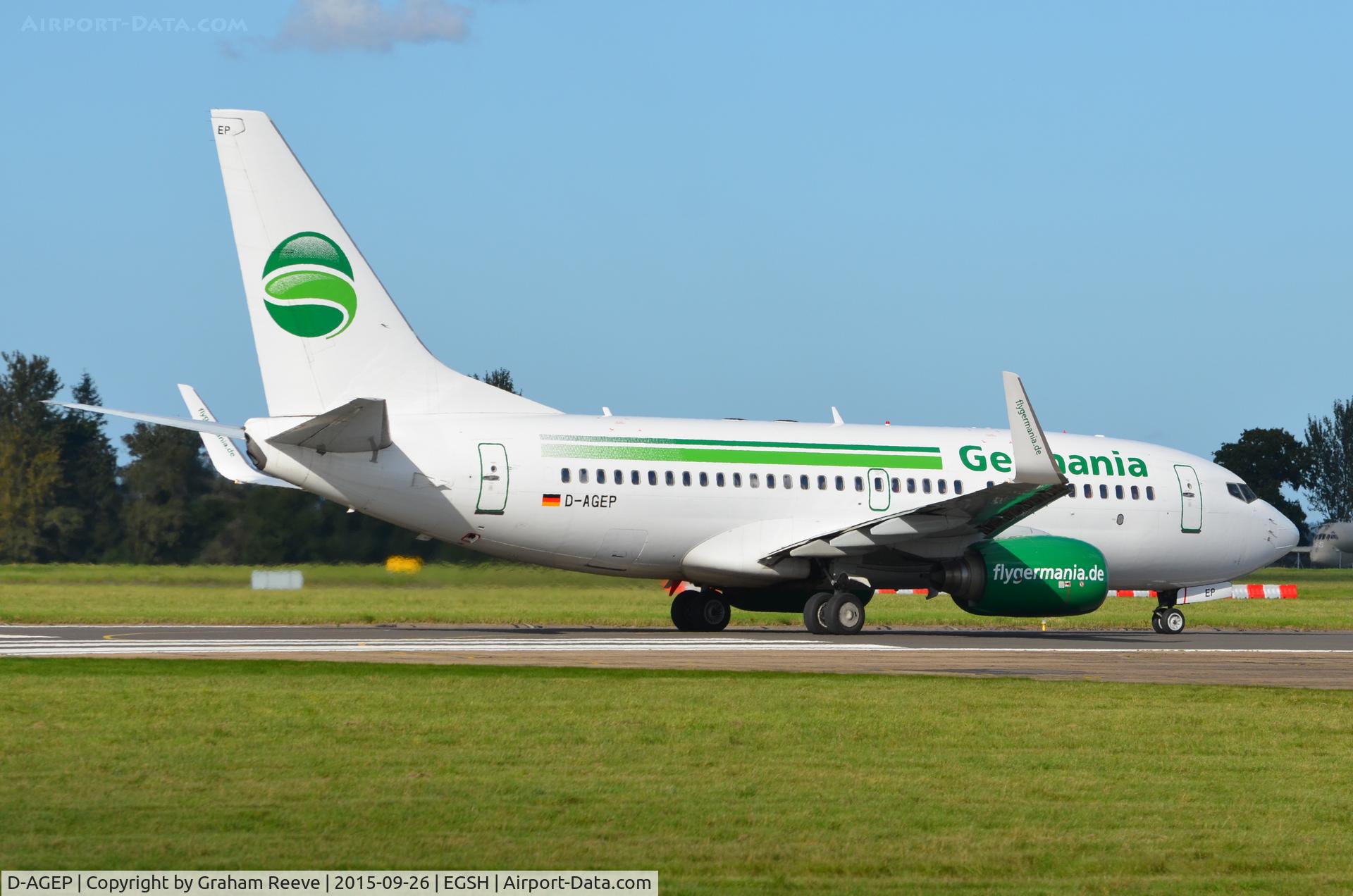 D-AGEP, 1998 Boeing 737-75B C/N 28102, About to depart from Norwich.