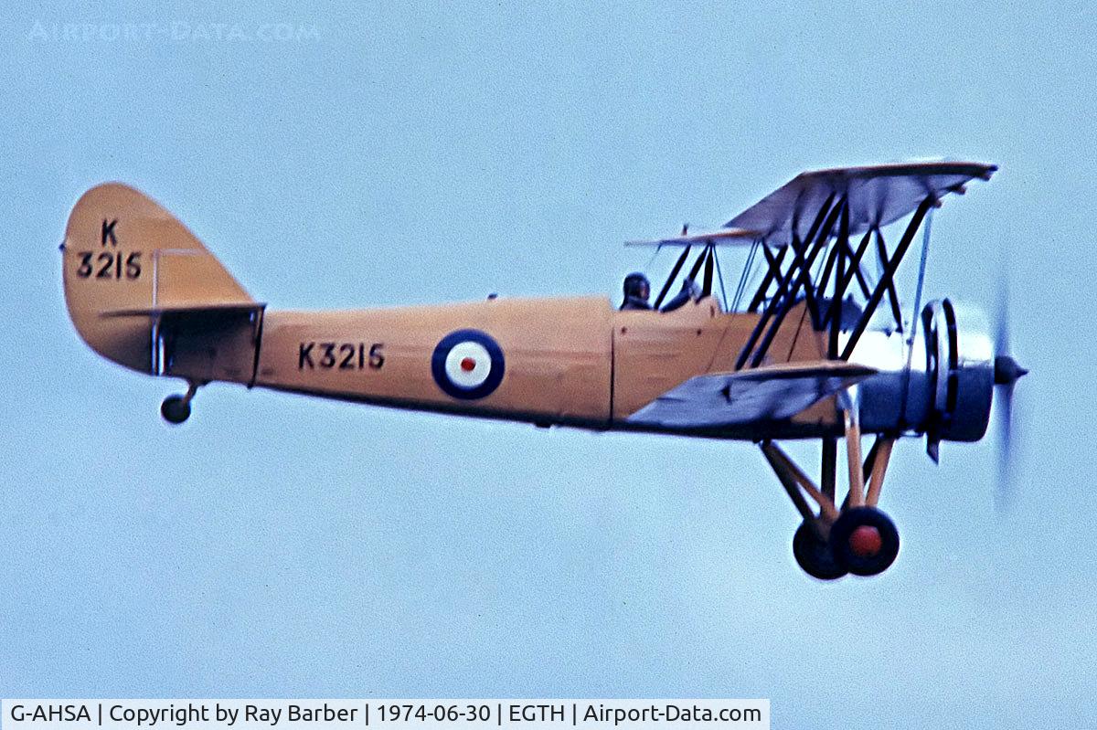 G-AHSA, 1933 Avro 621 Tutor C/N K3215, Avro 621 Tutor [Unknown] Old Warden~G 30/06/1974. From a slide. Wears registration K3215.