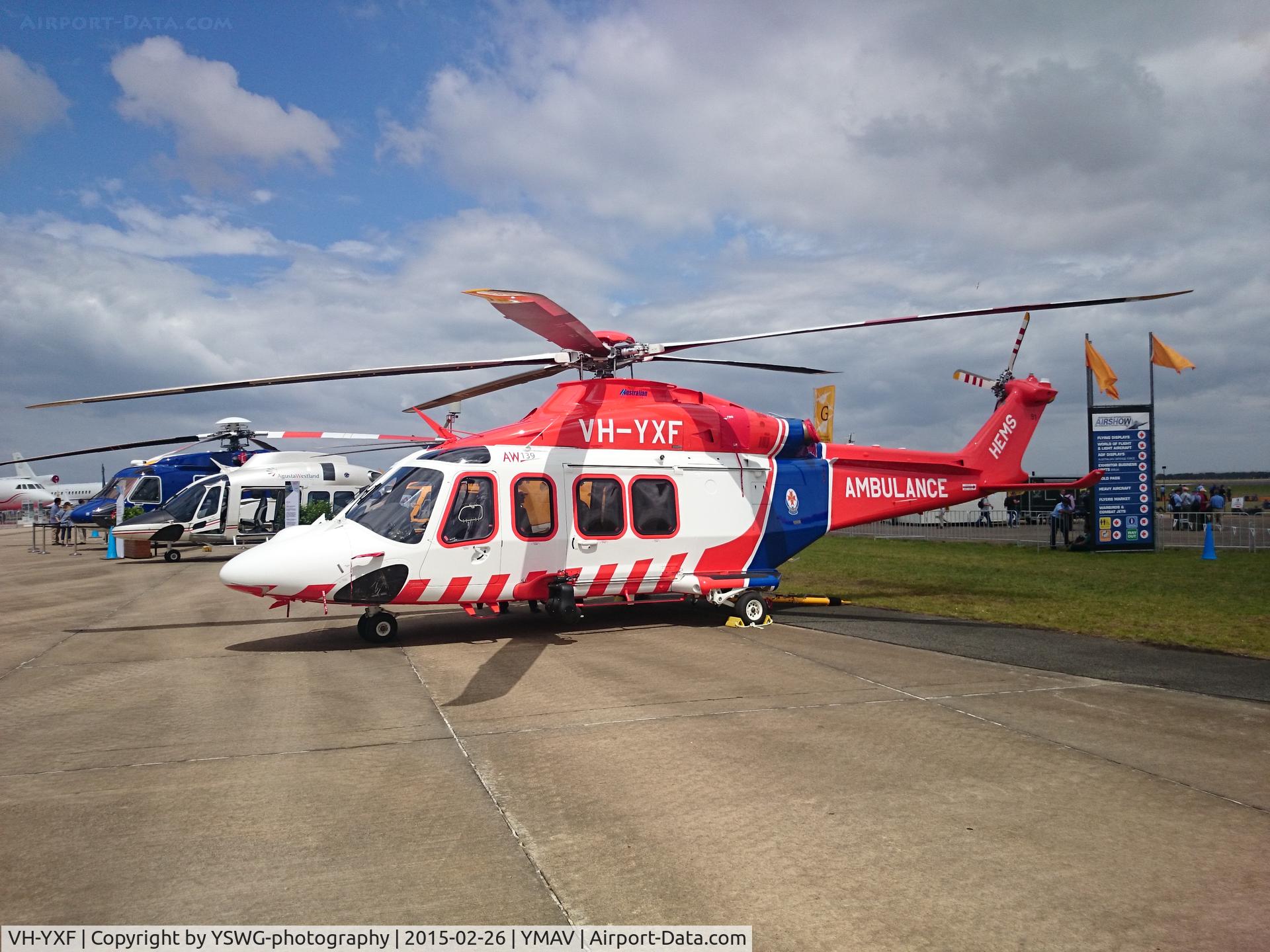 VH-YXF, 2015 AgustaWestland AW-139 C/N 31591, Australian Helicopters (VH-YXF), operated for Ambulance Victoria, AgustaWestland AW139 on display at the 2015 Australian International Airshow.