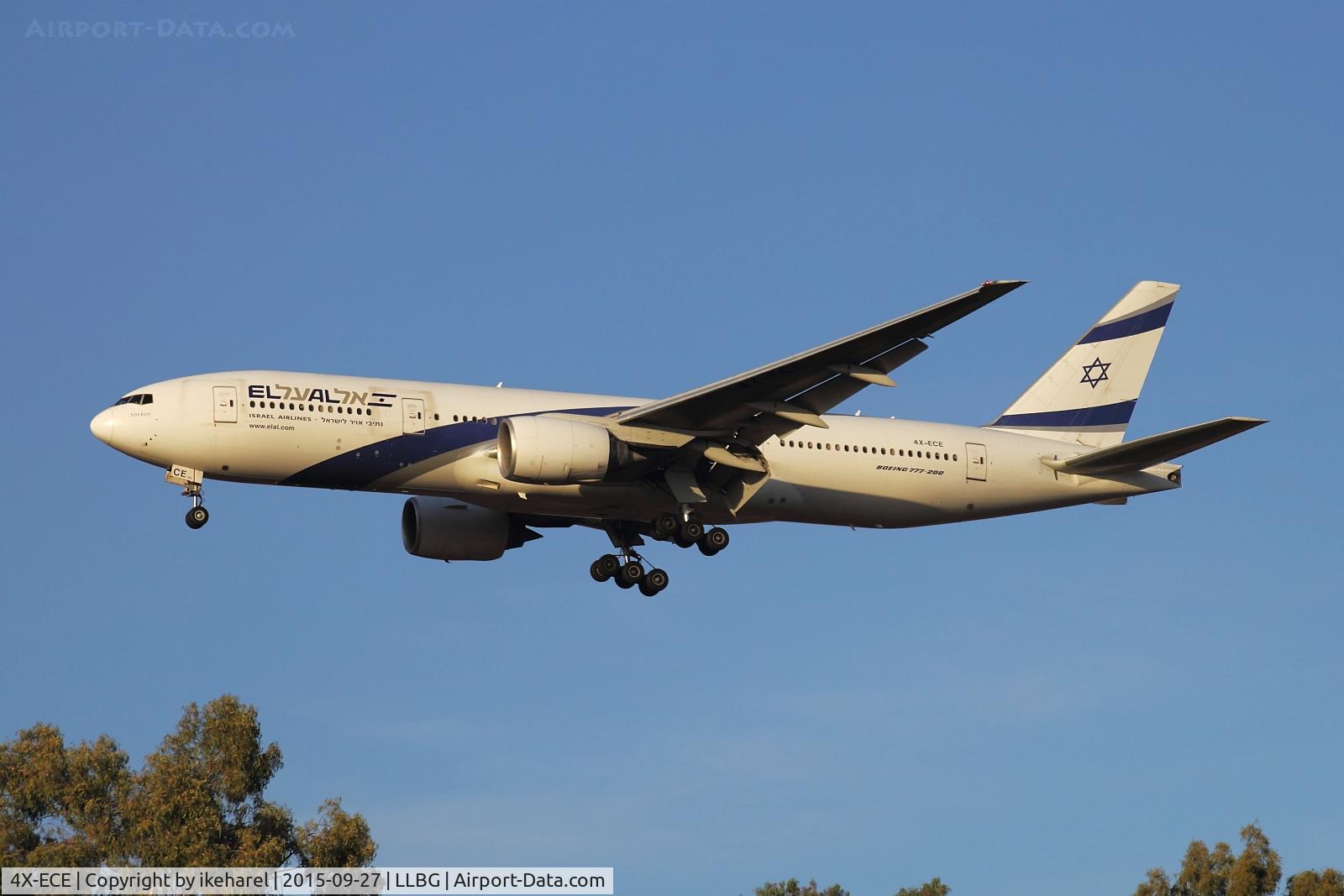 4X-ECE, 2007 Boeing 777-258/ER C/N 36083, Late afternoon landing from Paris, France, on runway 30.