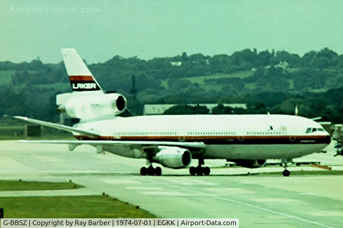G-BBSZ, 1973 McDonnell Douglas DC-10-10 C/N 46727, McDonnell Douglas DC-10-10 [46727] (Laker Airways) Gatwick~G 01/07/1974. From a slide.