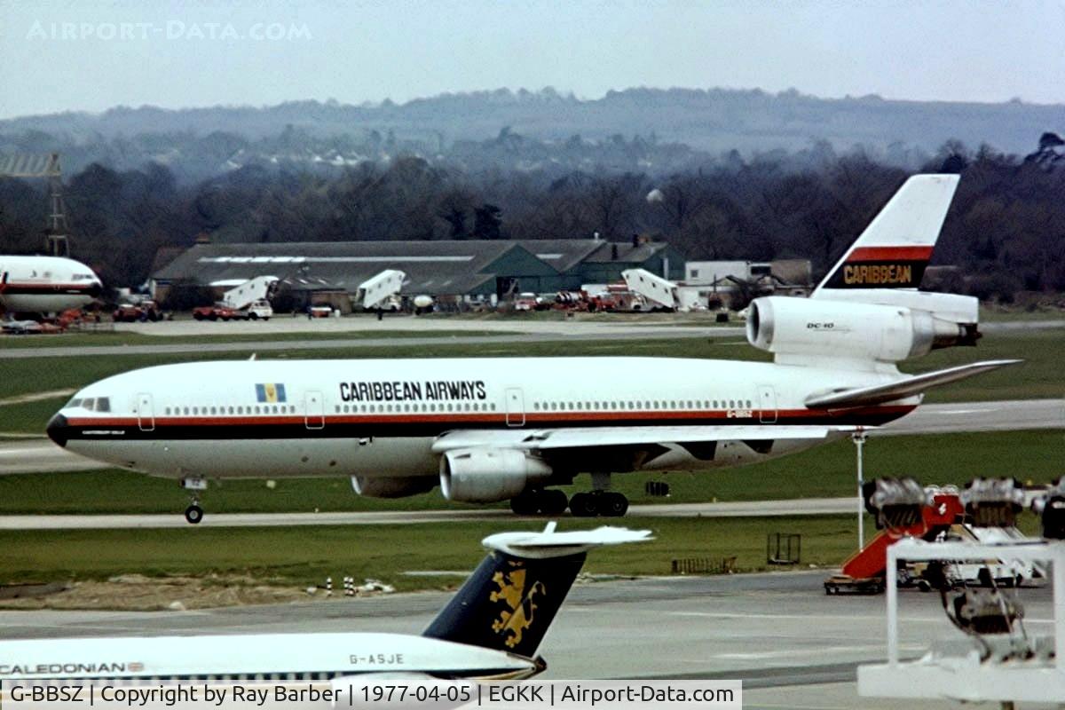 G-BBSZ, 1974 McDonnell Douglas DC-10-10 C/N 46727, McDonnell Douglas DC-10-10 [46727] (Caribbean Airways) Gatwick~G 05/04/1977. From a slide.