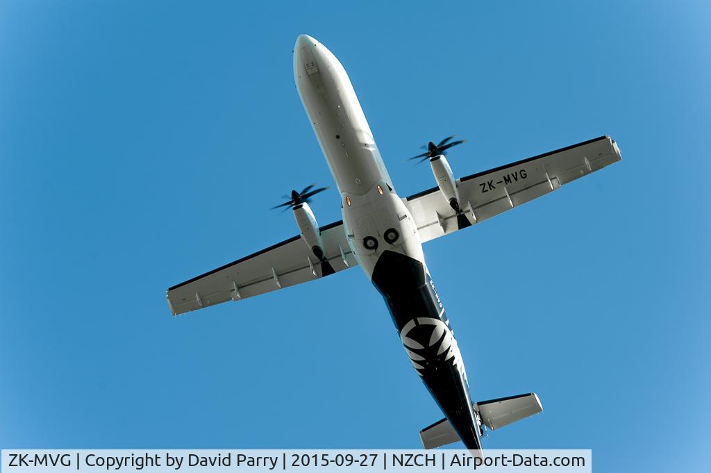 ZK-MVG, 2015 ATR 72-600 C/N 1264, At NZCH under the center line as ATR72 MVG climbs away in the late afternoon sunshine.