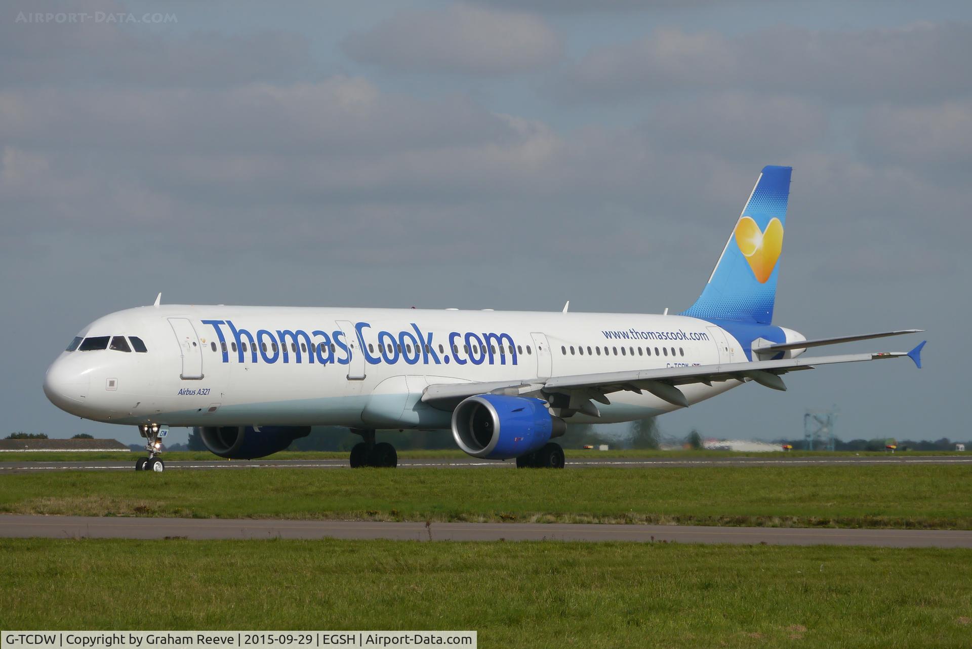 G-TCDW, 2003 Airbus A321-211 C/N 1921, About to depart from Norwich.