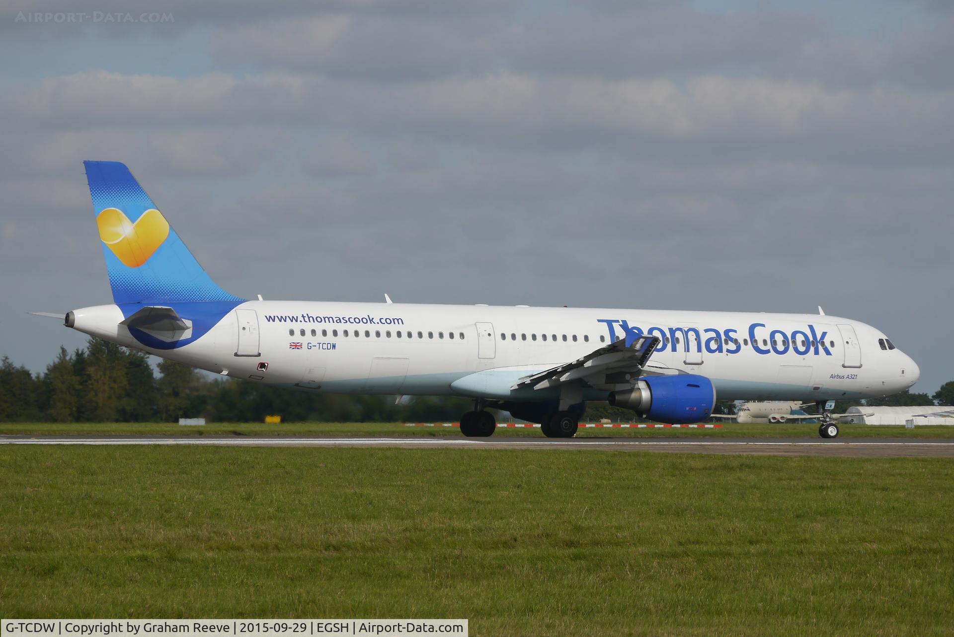 G-TCDW, 2003 Airbus A321-211 C/N 1921, About to depart from Norwich.