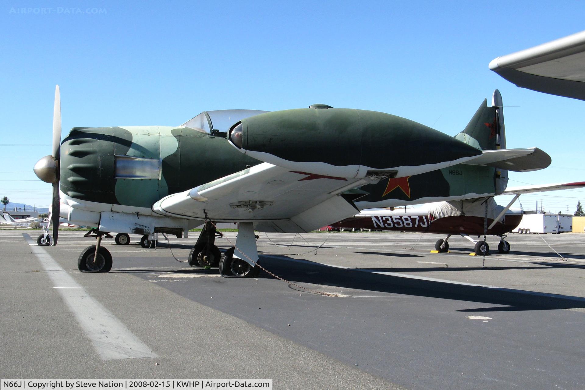 N66J, 1945 North American AT-6F C/N 44-82028, Bacon Aircraft modification of AT-6F Texan in pseudo Soviet AF colors @ Whiteman Airport, Pacoima CA