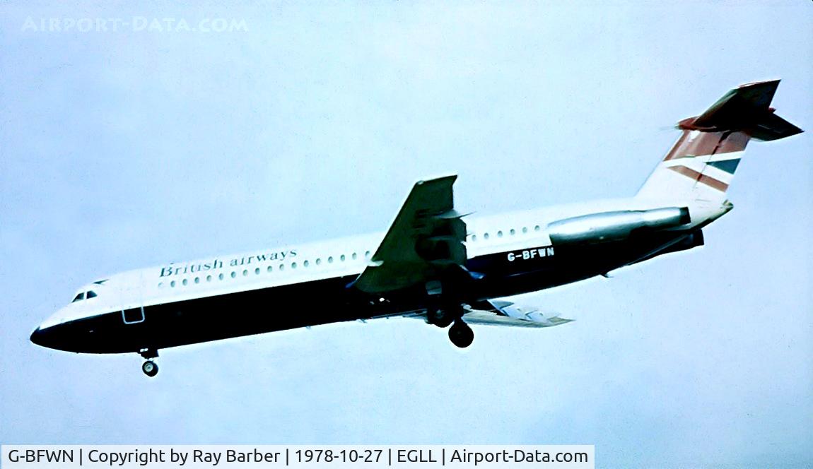 G-BFWN, 1978 BAC 111-537GF One-Eleven C/N BAC.261, BAC 1-11 537GF One Eleven [261] (British Airways) Heathrow~G 27/10/1978. On approach 28L. From a slide.