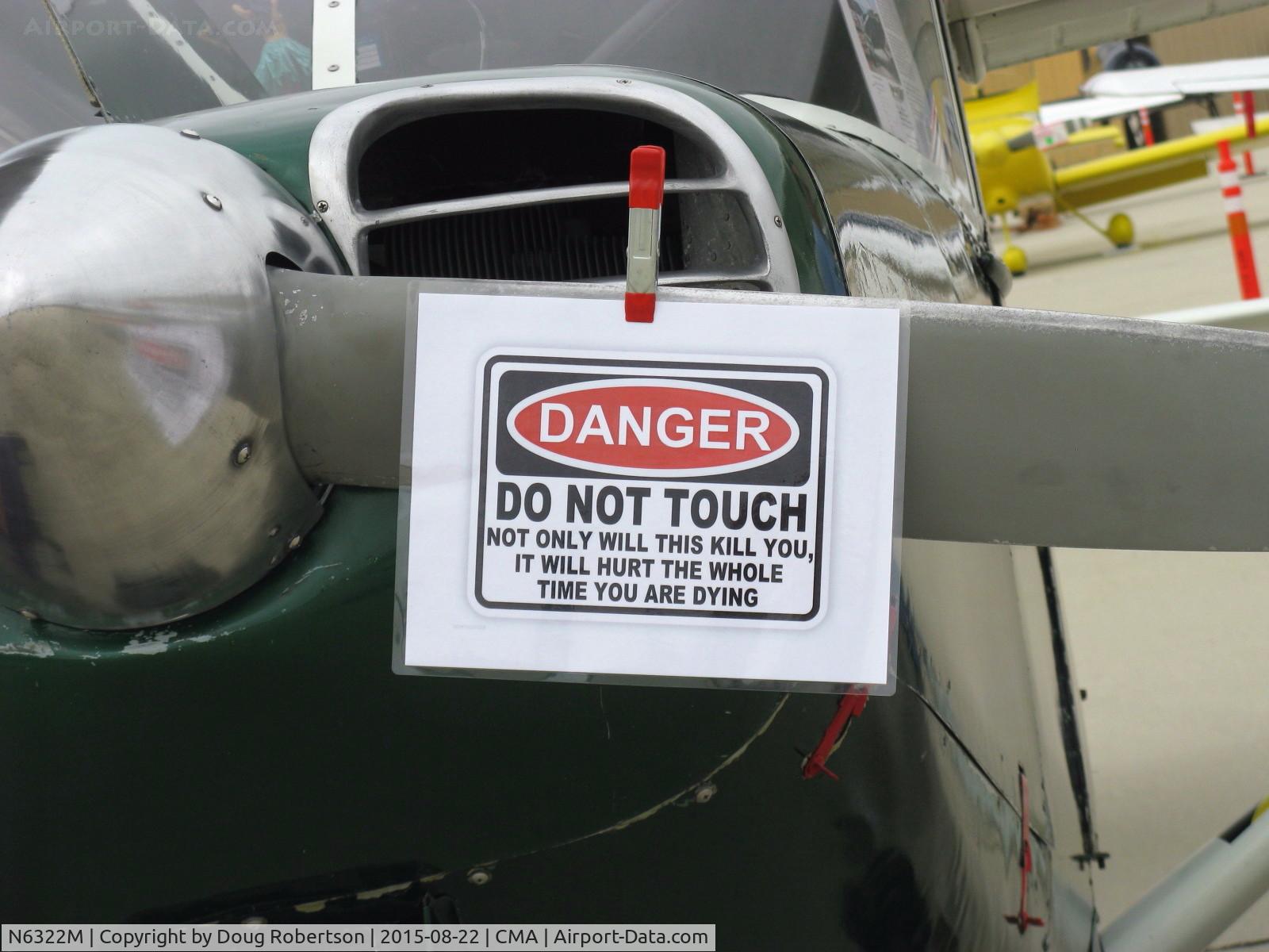 N6322M, 1948 Stinson 108-3 Voyager C/N 108-4322, 1948 Stinson 108-3 VOYAGER, Franklin 6A4-165-B3 165 Hp-WARNING! my camera slightly tilted for legibilty of warning.