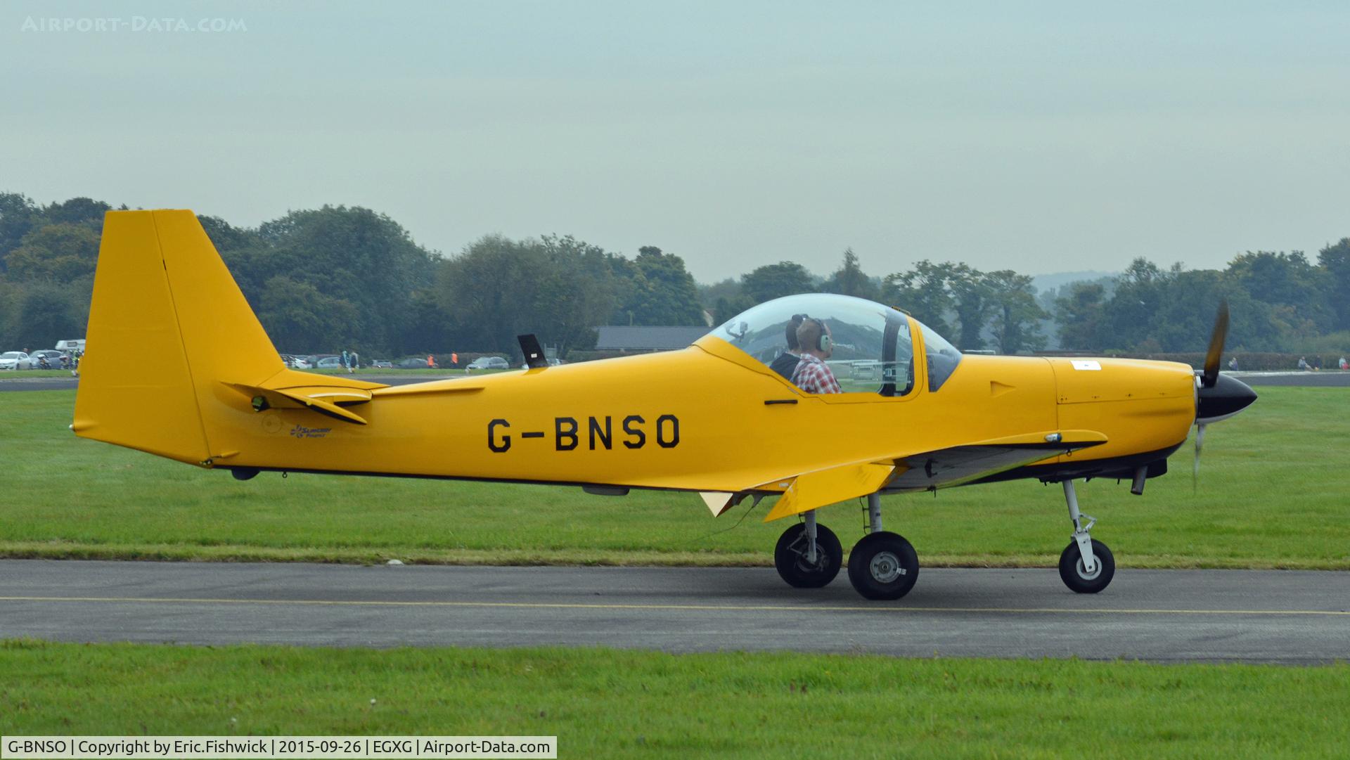 G-BNSO, 1987 Slingsby T-67M Firefly Mk2 C/N 2021, 2. G-BNSO arriving at The Yorkshire Air Show, Church Fenton, Sept. 2015.