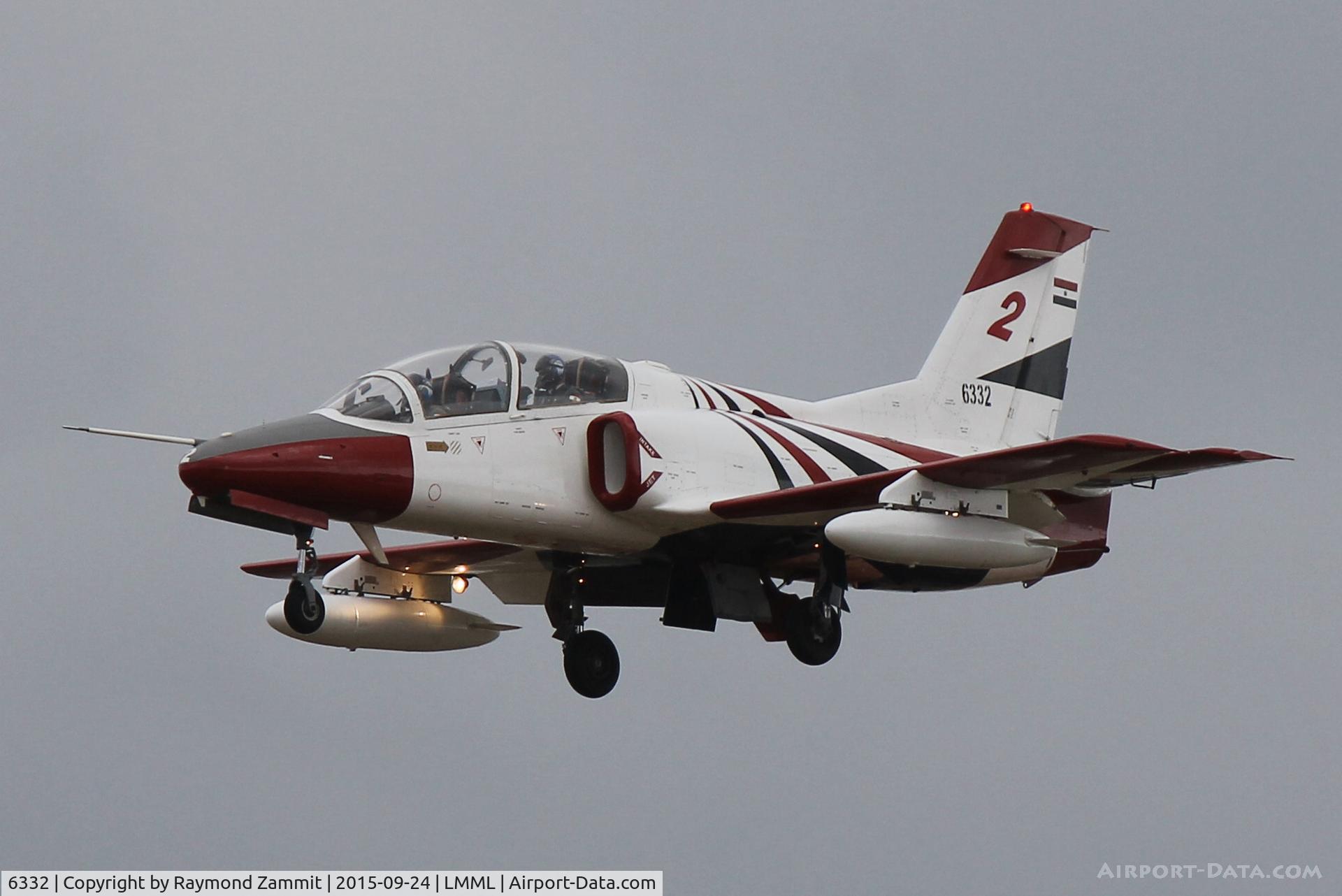 6332, Hongdu K-8E Karakorum C/N L8E3200096, K-8 Karakorum 6332 Egyptian Air Force arriving in Malta for the International Airshow 2015.