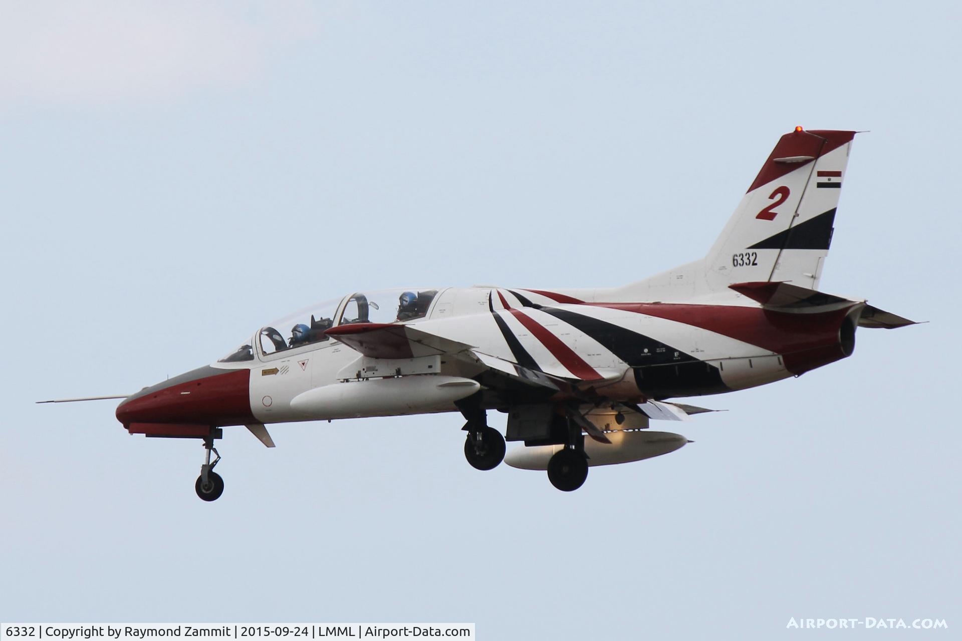 6332, Hongdu K-8E Karakorum C/N L8E3200096, K-8 Karakorum 6332 Egyptian Air Force arriving for the Malta International Airshow 2015.
