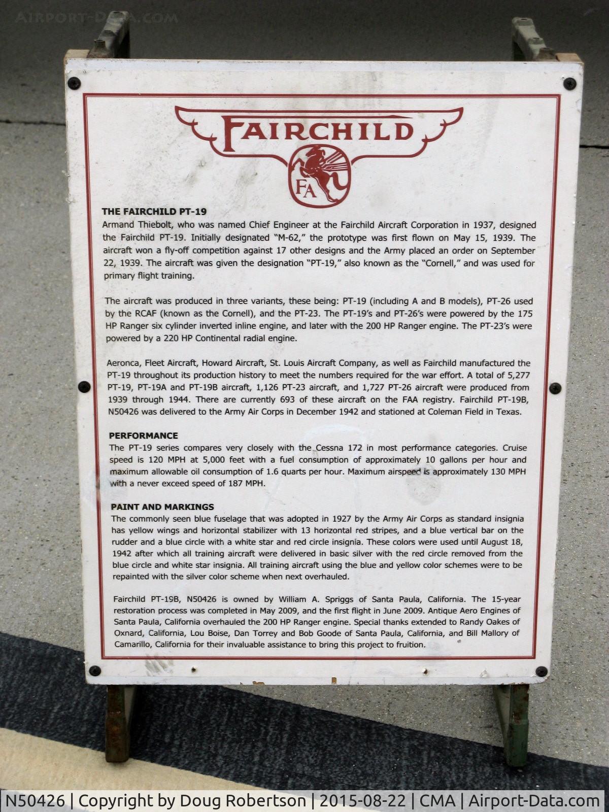 N50426, 1943 Fairchild M-62A-3 Cornell II C/N T43-5197, 1943 Fairchild M-62A-3 as PT-19 CORNELL, Fairchild Ranger 6-440-C inverted in-line 200 Hp, more data/history