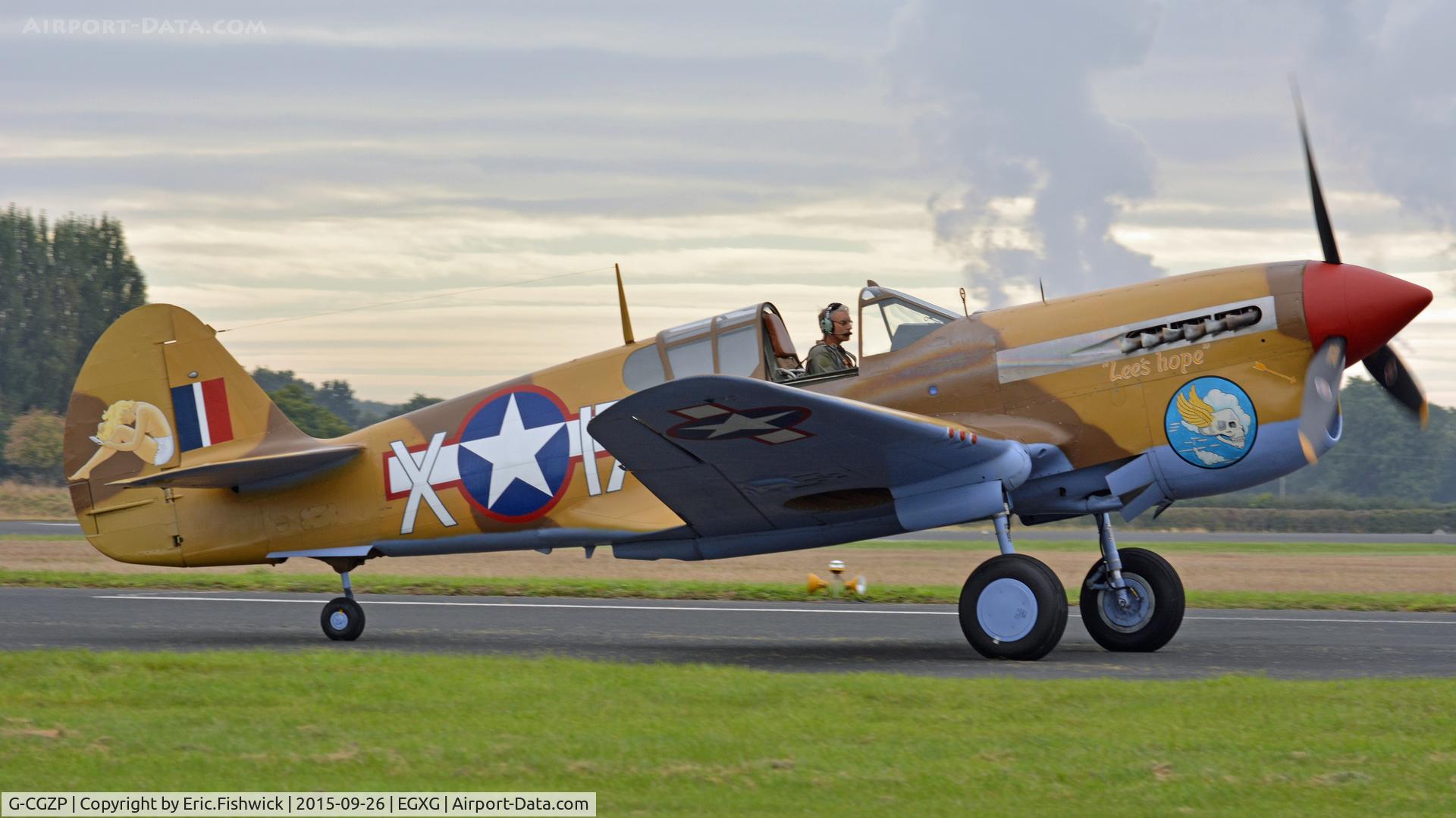 G-CGZP, 1942 Curtiss P-40F Warhawk C/N 19503, 2. G-CGZP arriving at The Yorkshire Air Show, Church Fenton, Sept. 2015.