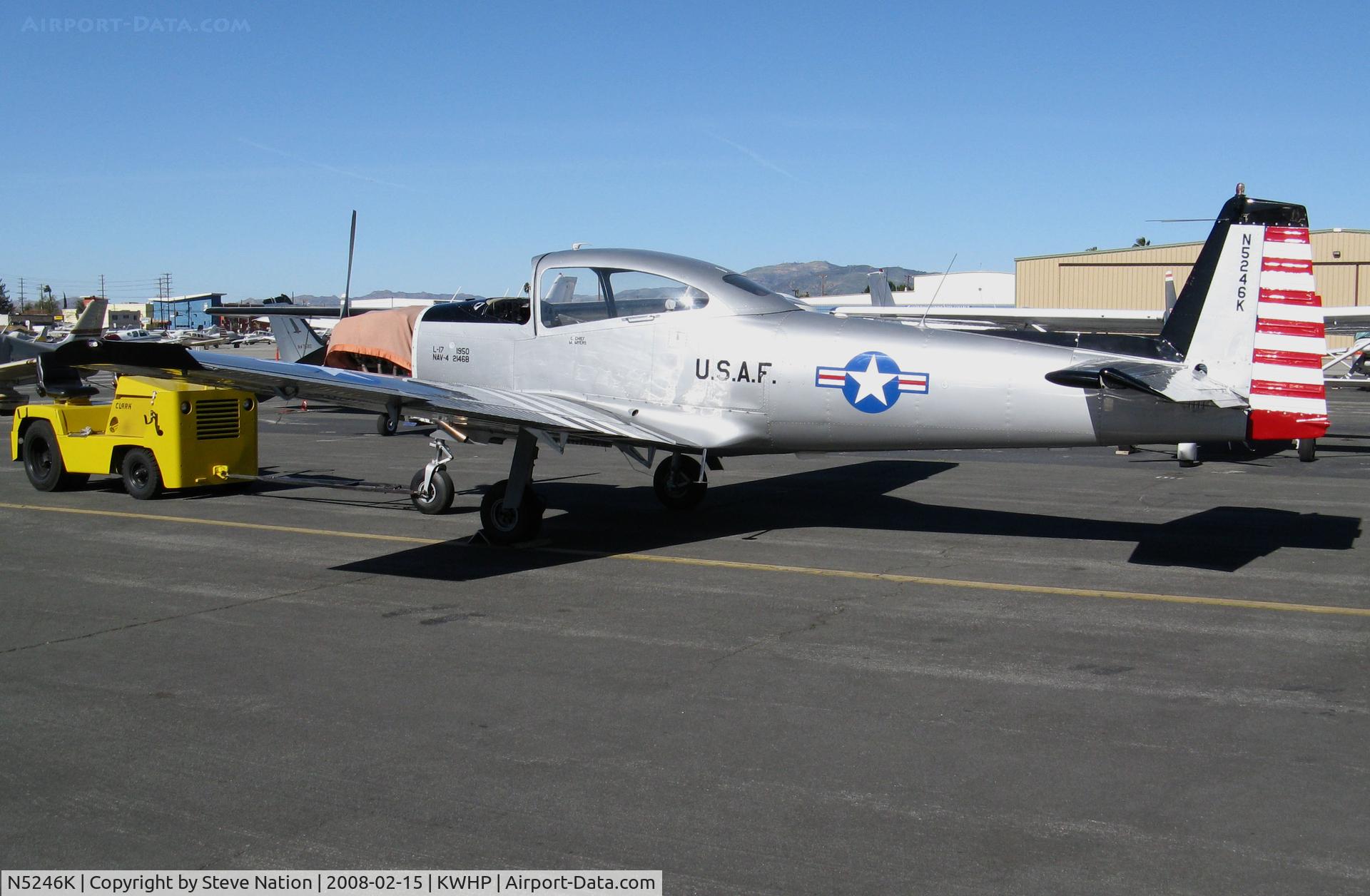 N5246K, 1950 Ryan Navion B C/N NAV-4-2146B, 1950 Ryan Navion B painted as USAF L-17A @ Whiteman Airport, Pacoima, CA (now registered to owner in Minnesota)