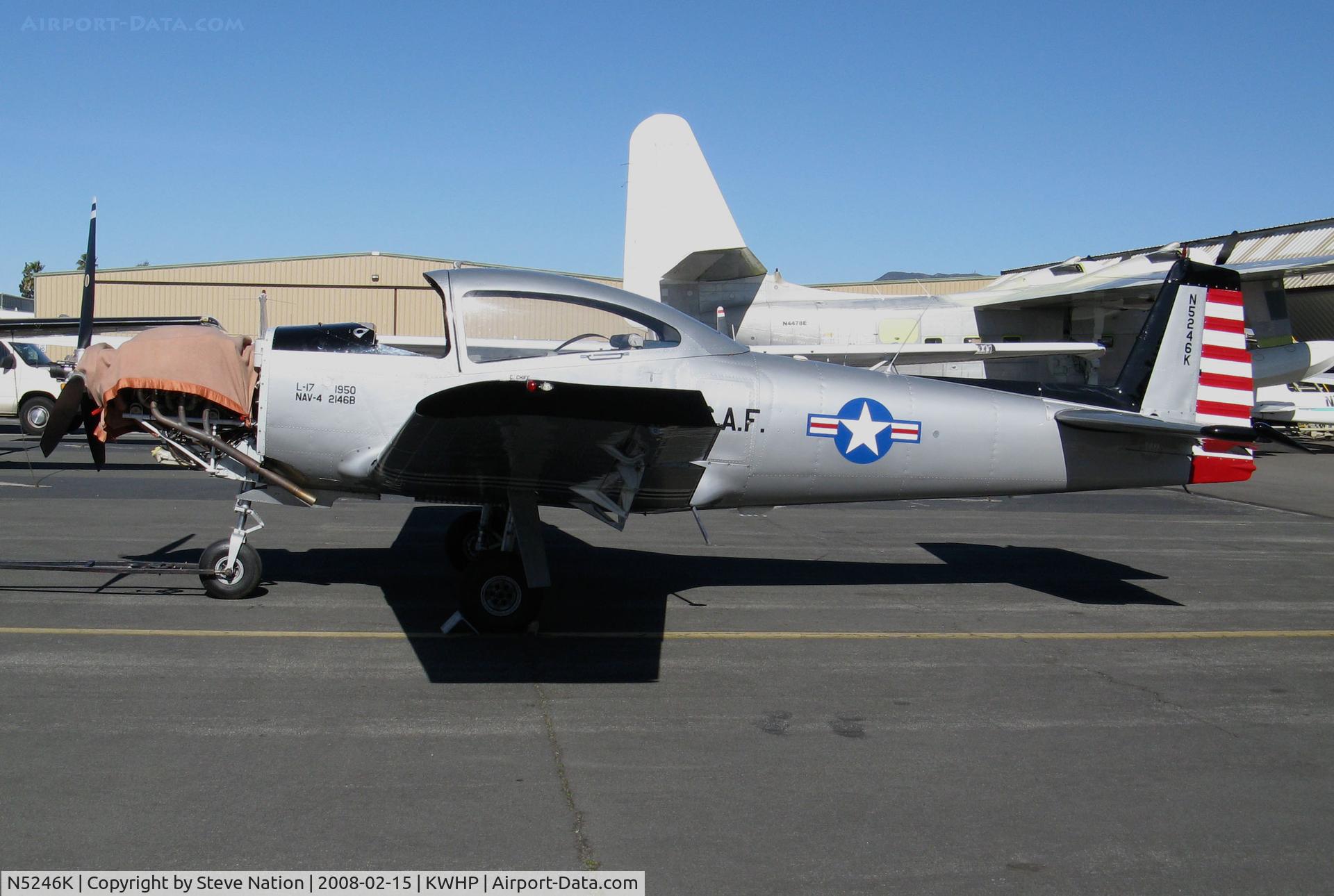N5246K, 1950 Ryan Navion B C/N NAV-4-2146B, 1950 Ryan Navion B painted as USAF L-17A @ Whiteman Airport, Pacoima, CA (now registered to owner in Minnesota)
