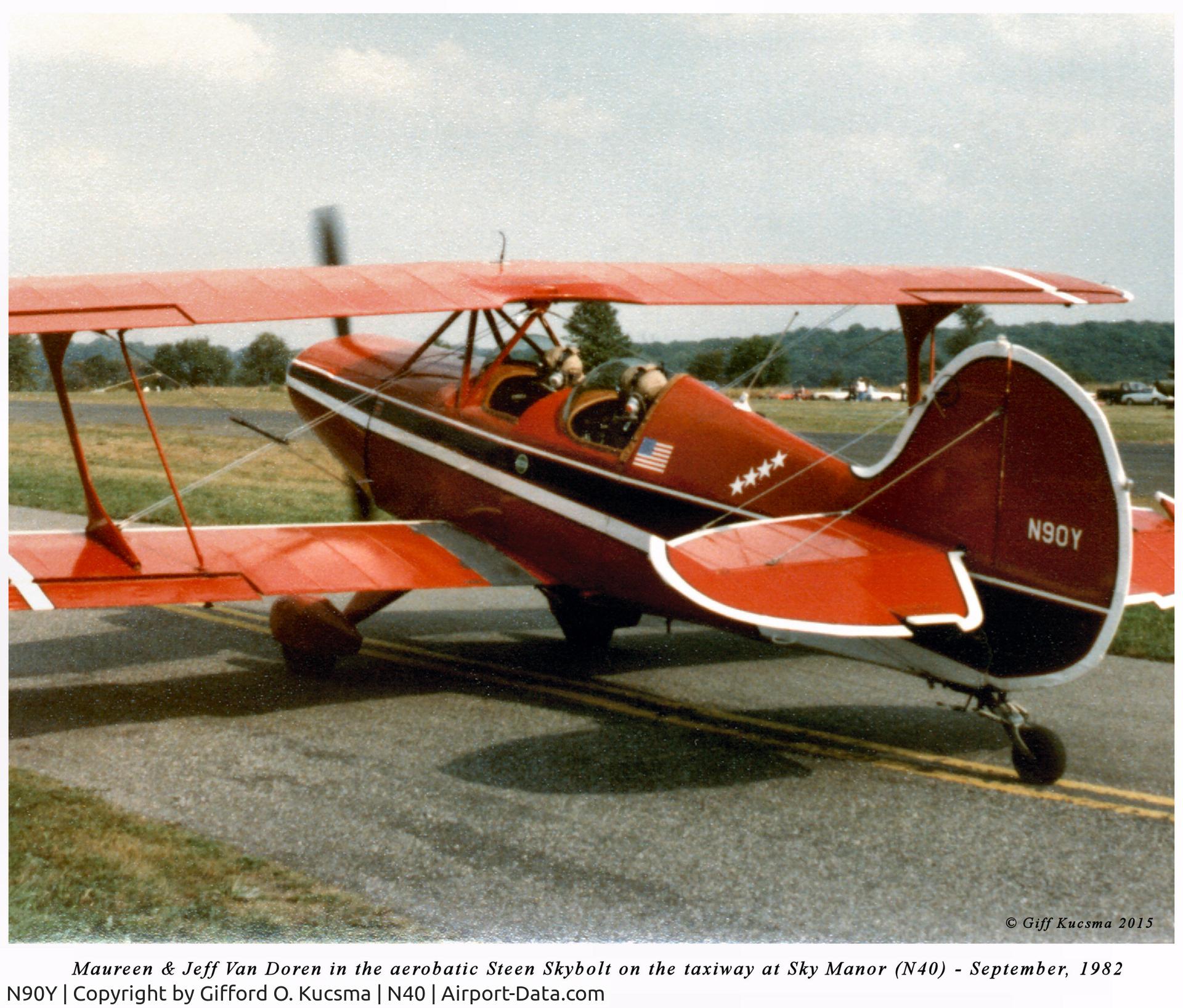 N90Y, 1978 Steen Skybolt C/N 001 (N90Y), Jeff Van Doren and his wife, Maureen, in N90Y at an EAA Fly-In at Sky Manor Airport, Pittstown, New Jersey in September of 1982.