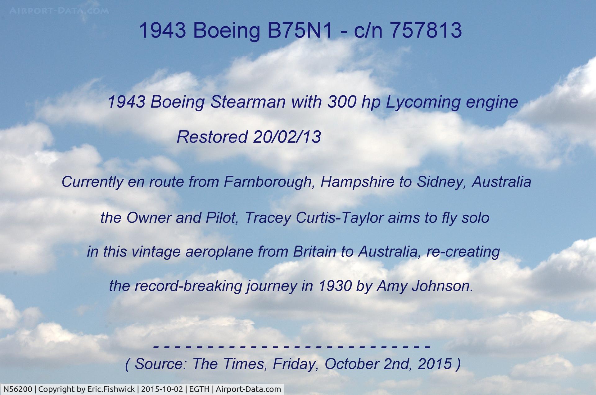 N56200, 1943 Boeing B75N1 C/N 75-7813, Farnborough to Sidney - 2015.