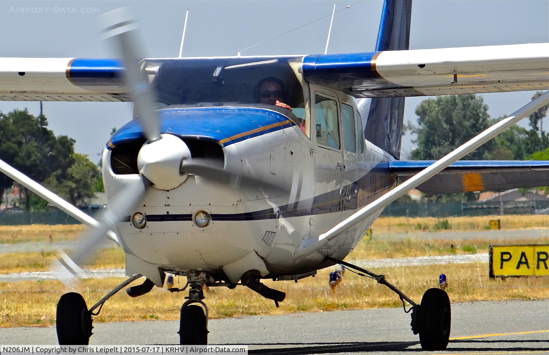 N206JM, 1973 Cessna U206F Stationair C/N U20602195, Locally-based 1973 Cessna U206F (used for ariel photography and mapping) taxing in towards its tie down at Reid Hillview Airport, San Jose, CA.