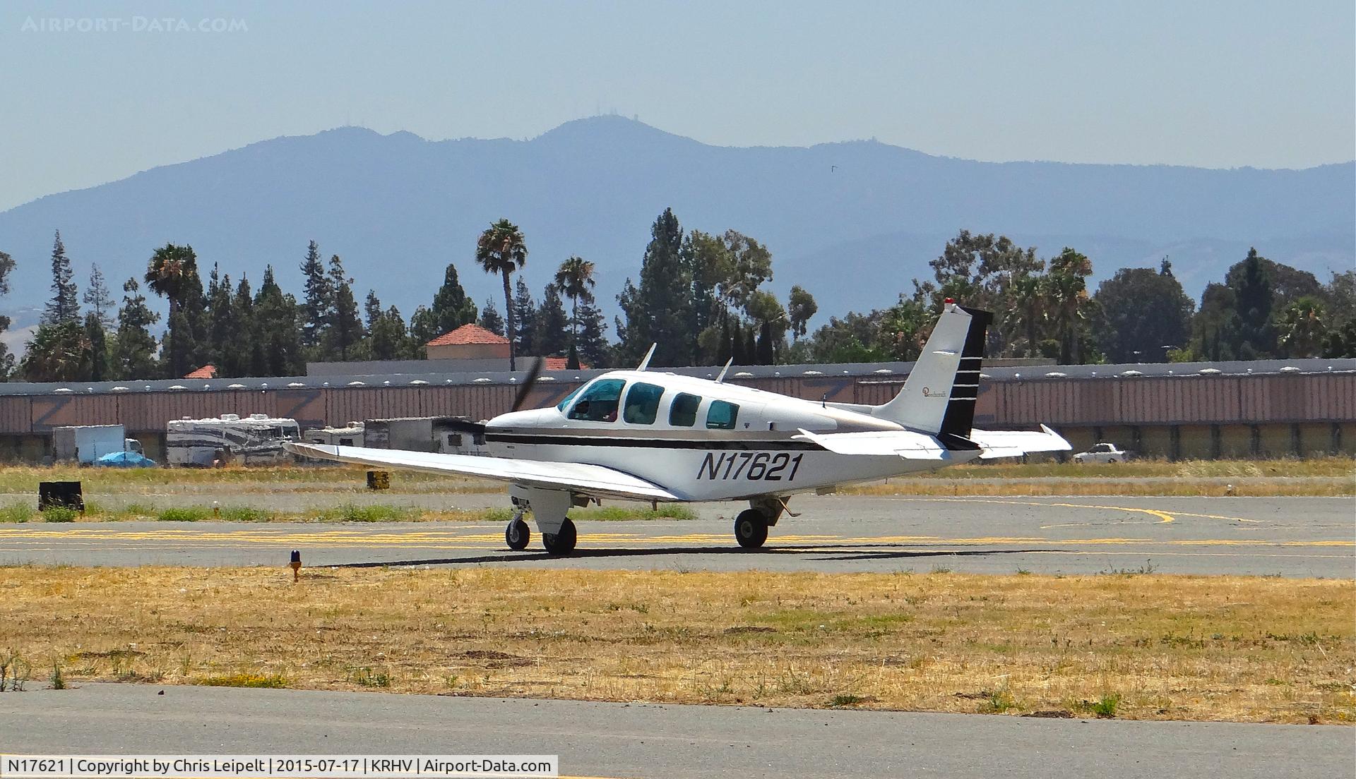 N17621, 1977 Beech A36 Bonanza 36 C/N E-992, California-based 1977 Beechcraft A36 Bonanza taxing back for departure just after landing at Reid Hillview Airport, San Jose, CA.