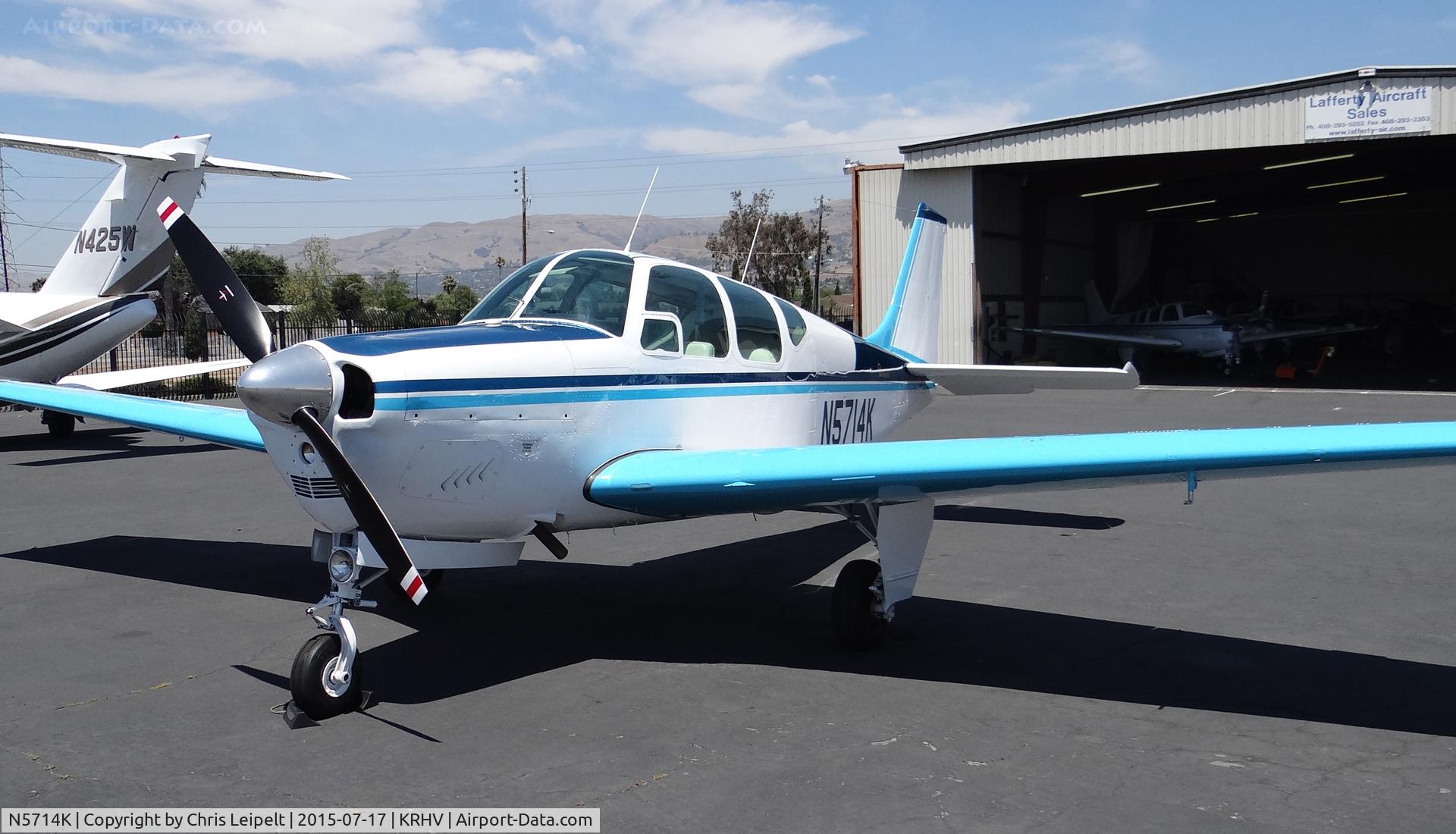 N5714K, 1964 Beech 35-B33 Debonair C/N CD-784, Locally-based 1964 Beechcraft Debonair parked in front of the Lafferty Hangar (for sale @ www.laffertyair.com) at Reid Hillview Airport, San Jose, CA.