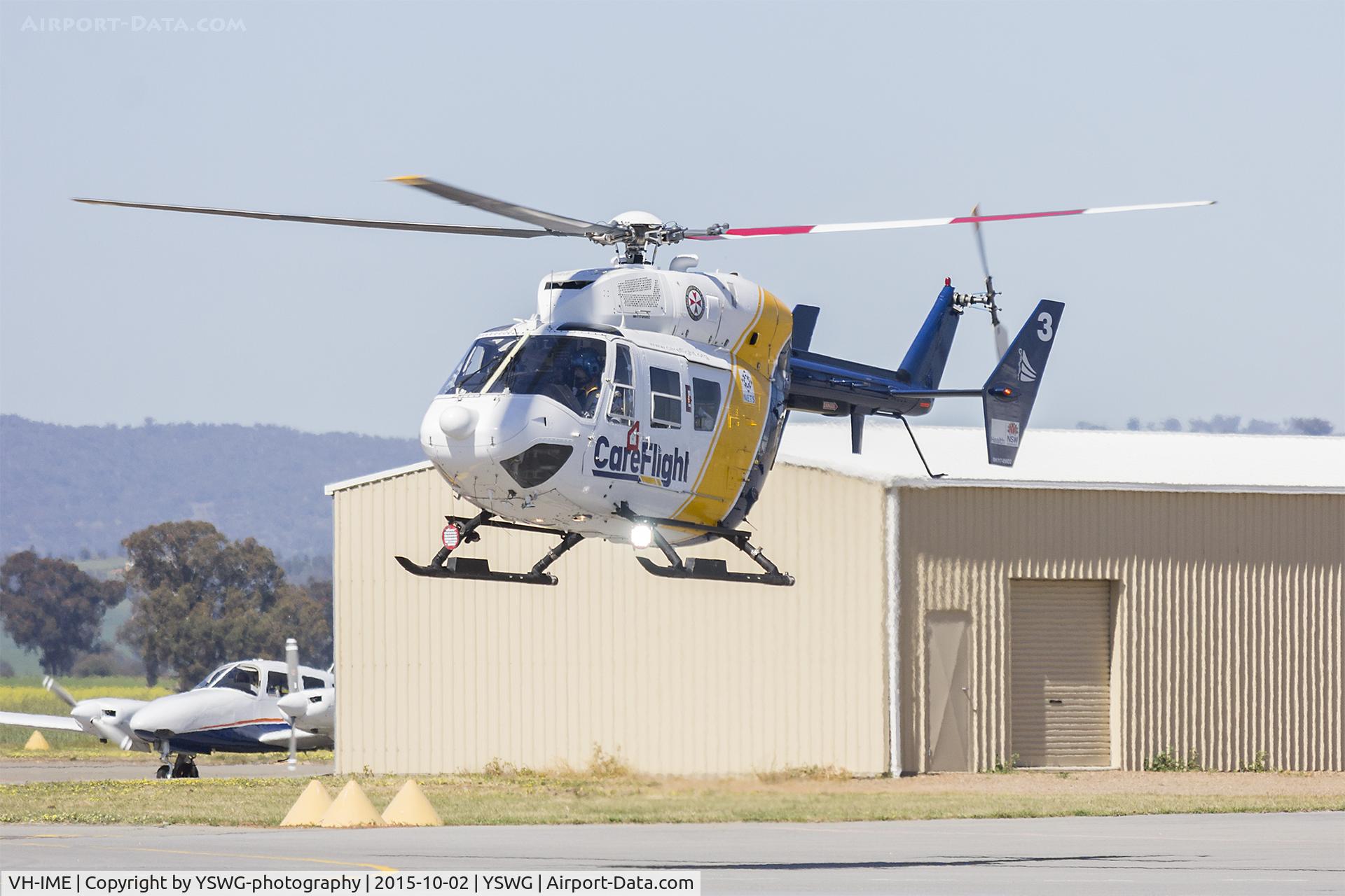 VH-IME, 1991 MBB-Kawasaki BK-117B-2 C/N 1097, Careflight (VH-IME) Kawasaki Heavy Industries BK117 B-2 taking off from Wagga Wagga Airport.