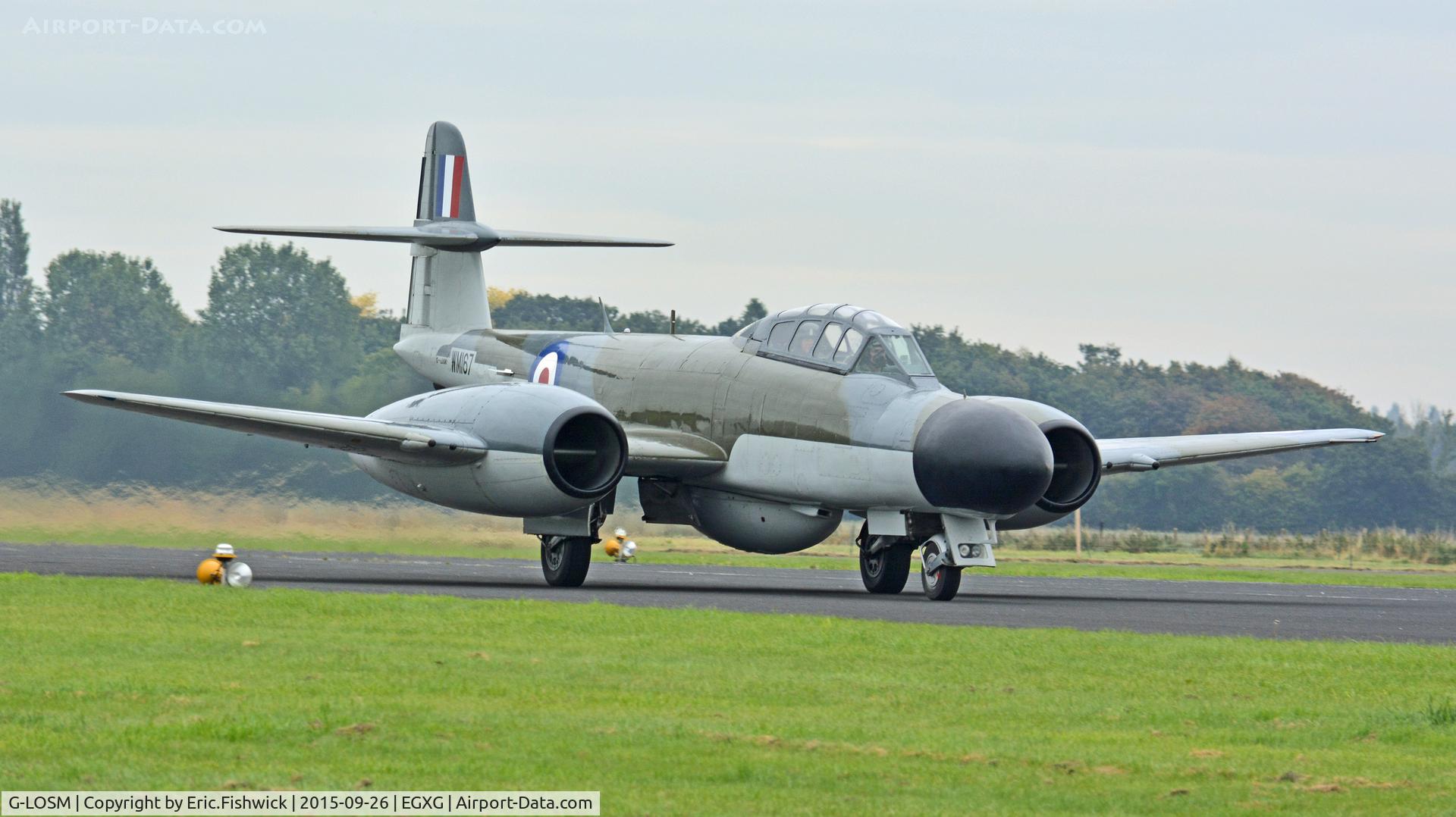 G-LOSM, 1952 Gloster Meteor NF.11 C/N S4/U/2342, 3. The mist disappears - and WM167 arrives at The Yorkshire Air Show, Church Fenton, Sept. 2015.