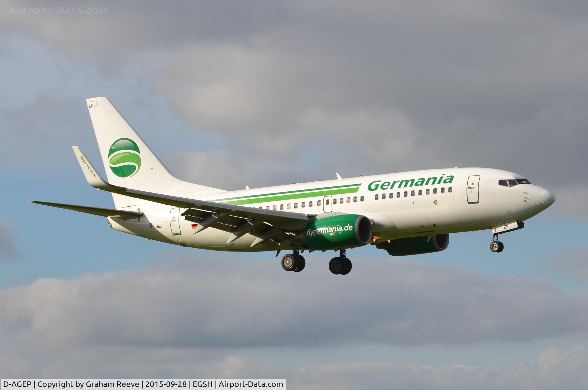 D-AGEP, 1998 Boeing 737-75B C/N 28102, Landing at Norwich.