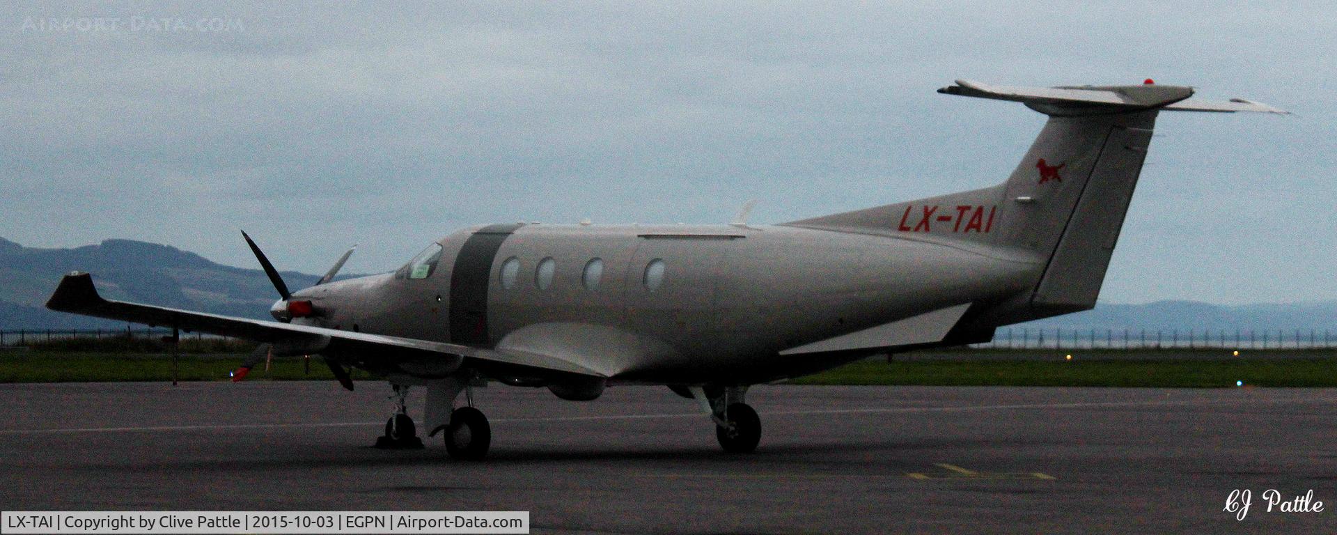 LX-TAI, 2008 Pilatus PC-12/47E C/N 1008, A busy bizjet weekend at Dundee Riverside EGPN during the Dunhill Golf Championships at nearby St Andrews. LX-TAI parked on the main apron.