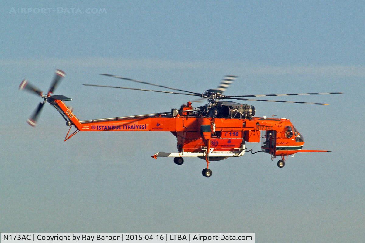 N173AC, 1967 Sikorsky S-64E C/N 64015, Sikorsky S-64E Skycrane [64015] (Erickson Air Crane/ Istanbul Itfaiyesi) Istanbul-Ataturk~TC 16/04/2015. Taken through the glass of the hotel room.
