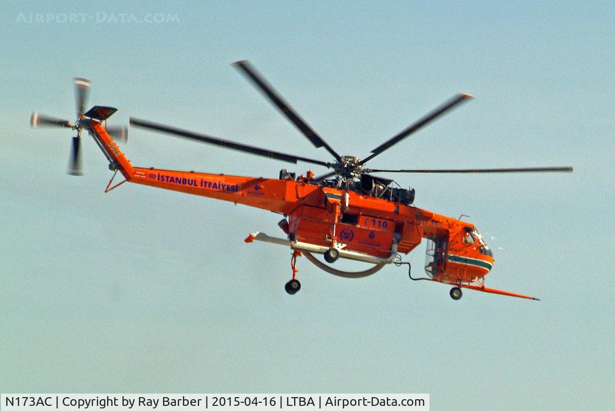 N173AC, 1967 Sikorsky S-64E C/N 64015, Sikorsky S-64E Skycrane [64015] (Erickson Air Crane/ Istanbul Itfaiyesi) Istanbul-Ataturk~TC 16/04/2015. Taken through the glass of the hotel room.