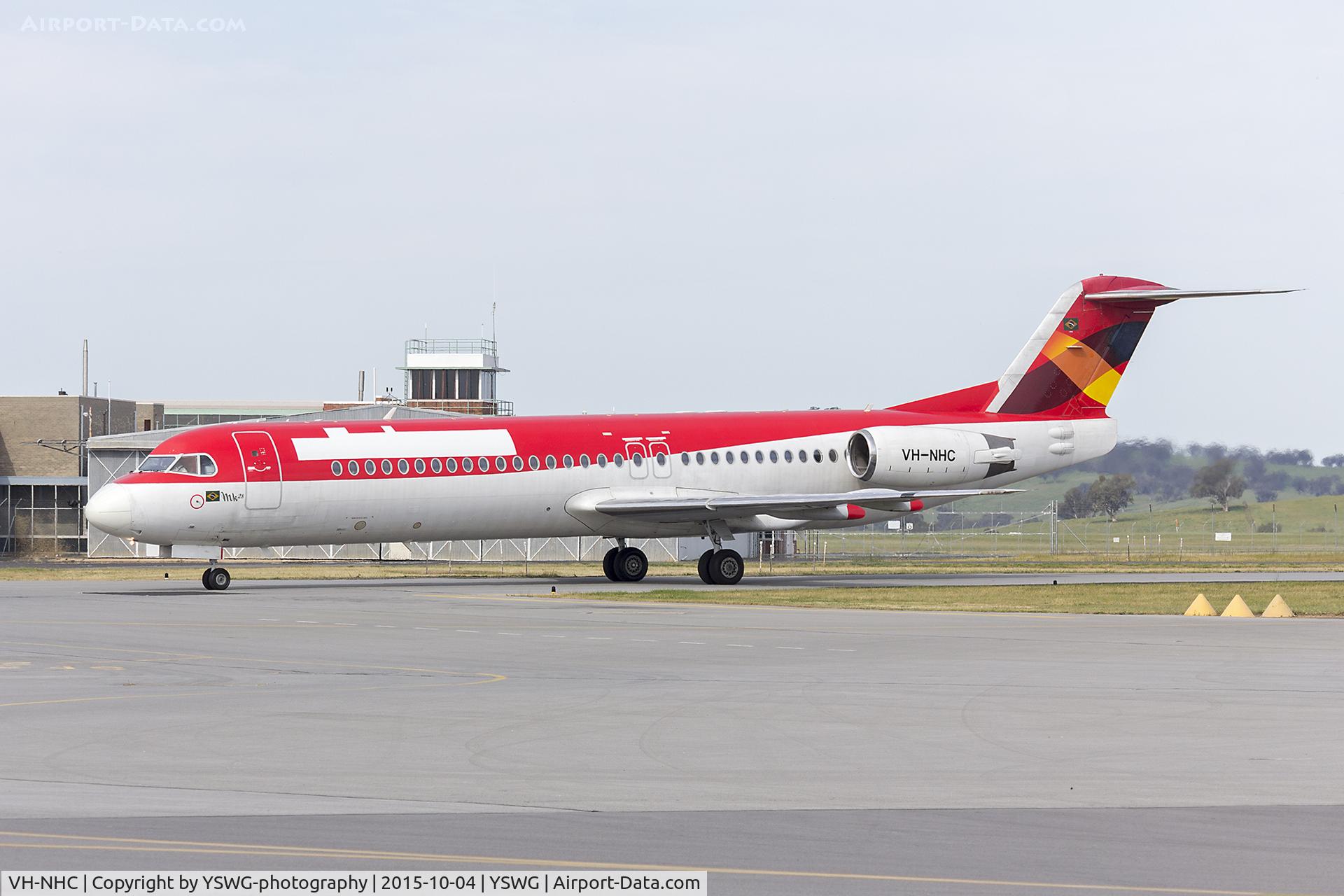 VH-NHC, 1993 Fokker 100 (F-28-0100) C/N 11481, Network Aviation (VH-NHC) Fokker 100, in former Avianca Brasil livery, at Wagga Wagga Airport.